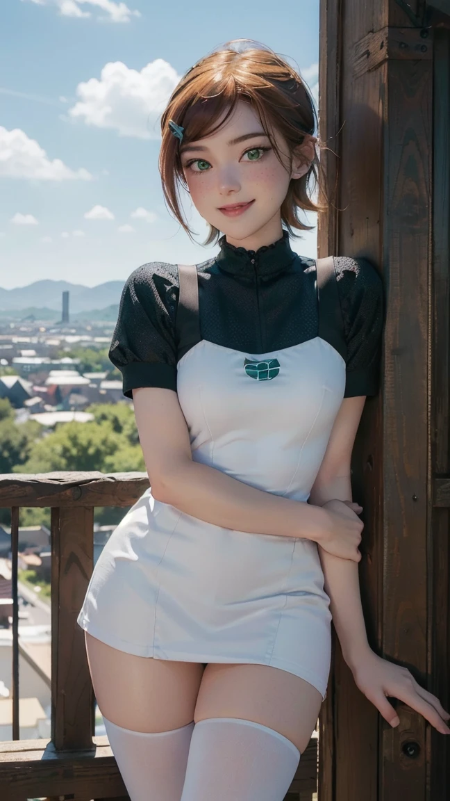 Gwen tennyson,(best qualityer,4K,8k,high resolution,work of art:1.2)(weather: cloudy), rural town background, town center, freckles, teenager, short sleeve suit jacket, white sleeveless blouse, tight pencil skirt, black pantyhose, black high heels, hair pin, eyeliner, short hair, ginger hair, ultra detailed, realistic, portrait,beautiful detailed green eyes, glowing eyes,blush,beautiful detailed lips,extremely detailed eye and face, long eyelashes, sexy,average, large breasts,beaming smile, flirty smile,powerful girl, elegant pose, stunning curves,bright coloured,dramatic lighting, wide hips, thick thighs,