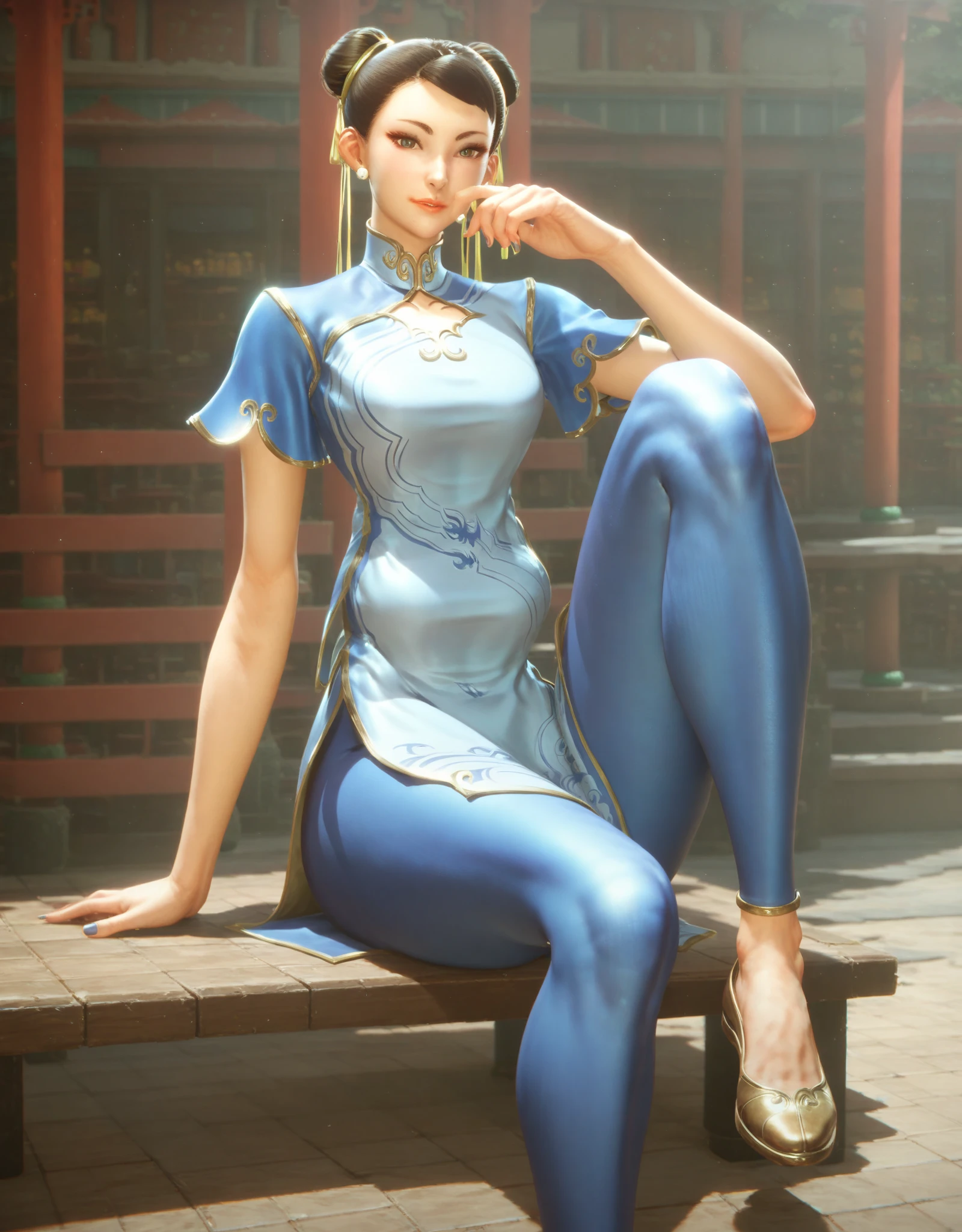 score_9, score_8_up, score_7_up,score_6_up, score_5_up,1girl, looking at the viewer, earrings, hair bun, hair ribbon, blue qipao, blue leggings, in a plaza, sitting on a public bench, crossing legs, one foot sideways
 