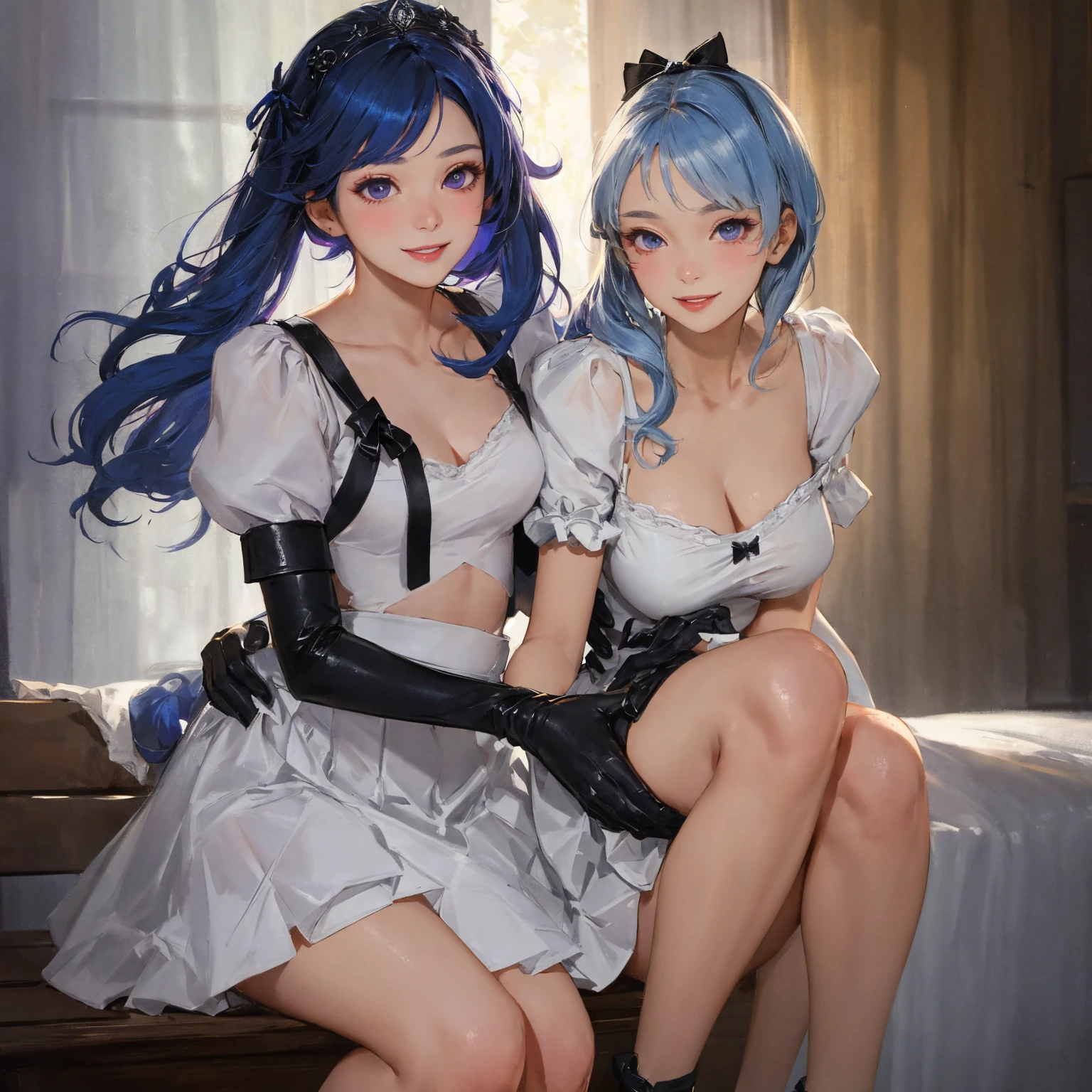 high school girl, lingerie bleue, cheveux roses courts, fringe covering one eye, yeux tombants, gros seins, culotte blanche, four-legged girl