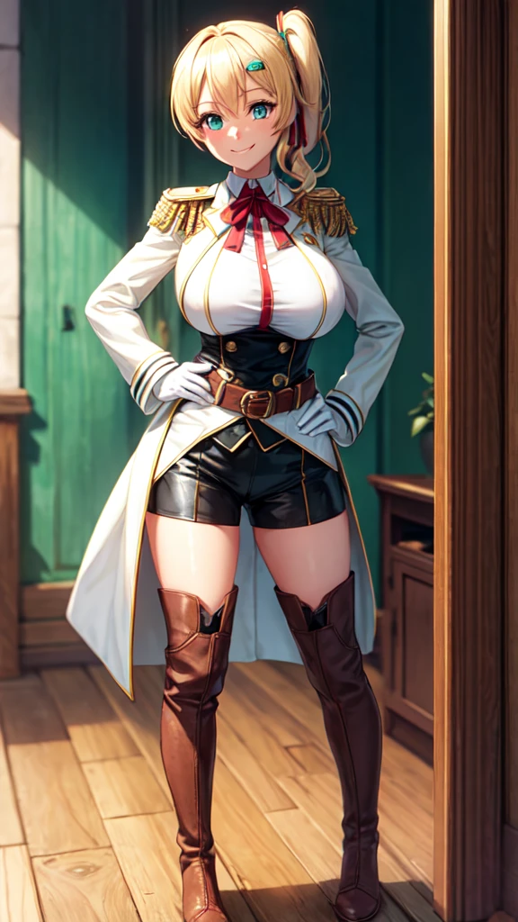 masterpiece, best quality, 1girl, solo, looking at viewer, emma_brightness, blonde hair, aqua eyes, ribbon, side ponytail, large breasts, military uniform, coat, black shorts, epaulettes, brown belt, thigh boots, white gloves, smile, hands on hips, indoors,