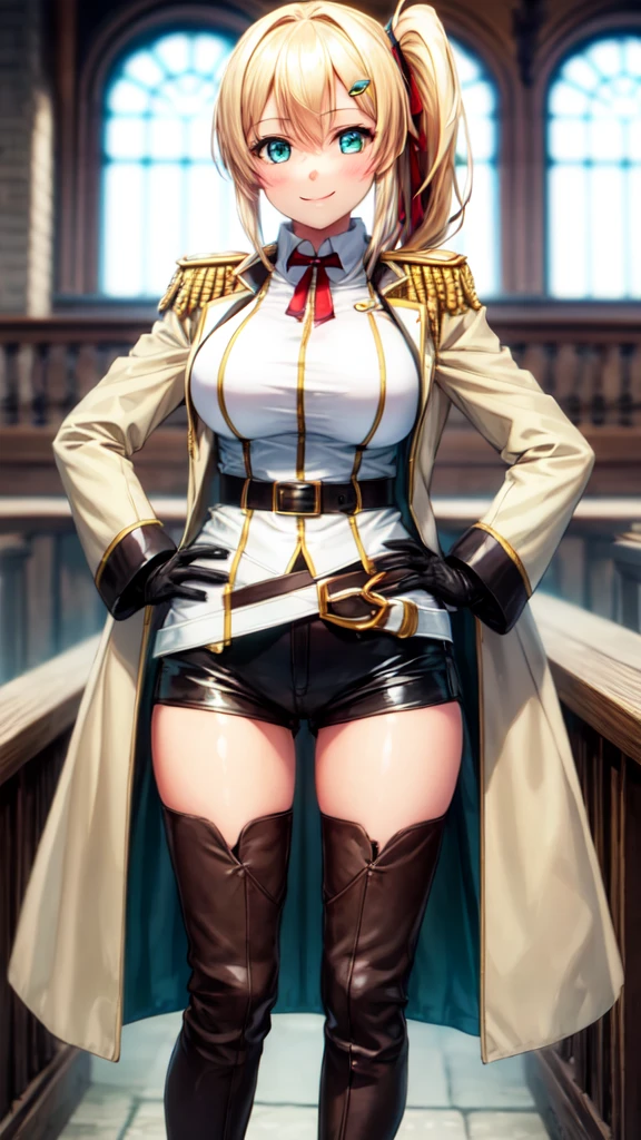 masterpiece, best quality, 1girl, solo, looking at viewer, emma_brightness, blonde hair, aqua eyes, ribbon, side ponytail, large breasts, military uniform, coat, black shorts, epaulettes, brown belt, thigh boots, white gloves, smile, hands on hips, indoors,