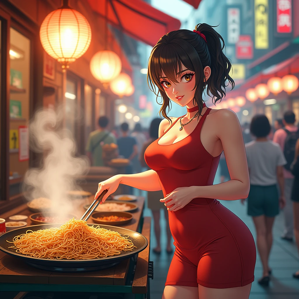 (staff grilling squid skewers at outdoor old stall), ((only wear a thin apron with various patterned and colored on naked, sweat)), small breasts, ((hiding her beautiful nipples with apron, pubic hair)), (food festival, customers, place many people pass), braid, angle from below, (dark hour), short hair,