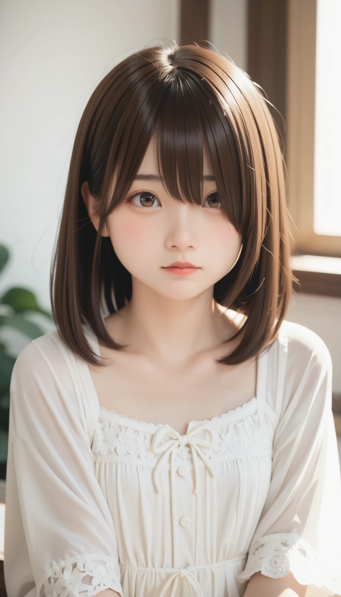 score_9, score_8_ up, score_7_ up,  One Girl , Alone,  young girl, Emotionless,  Watching Viewers ,  upper body, ( long hair,  brown hair ,  short bob , Hair covering one eye, bangs:1.3),  thin body,  little chest,  Thin Waist, They stare at me in a cute way, ( Cute outfits:1.3),  is sitting, 