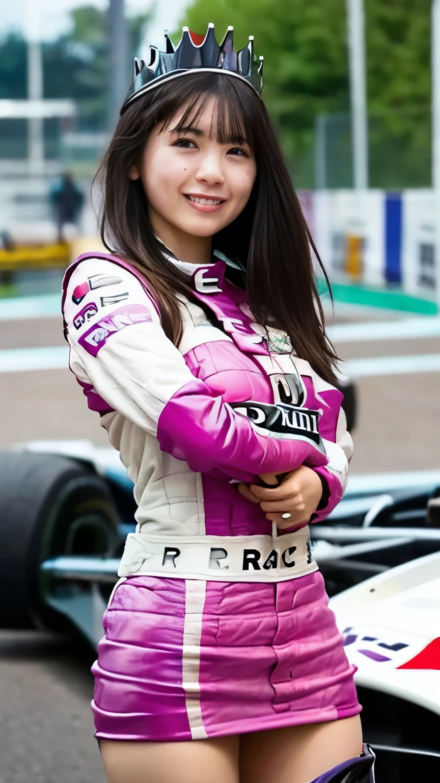 (masterpiece, top quality, top quality, Official Art, beautiful、 beautiful:1.2), ,(RAW 写真 top quality:1.1),( one girl), high definition, very detailed, Ultra-precision performance, Alone, Floating Hair, glowing skin ,Asymmetrical long hair, (:1.2), perfect body, slender body, smiling face , standing with her hands on her hips、 miniskirt , thighs, viewers, ( race queen:1.8),,