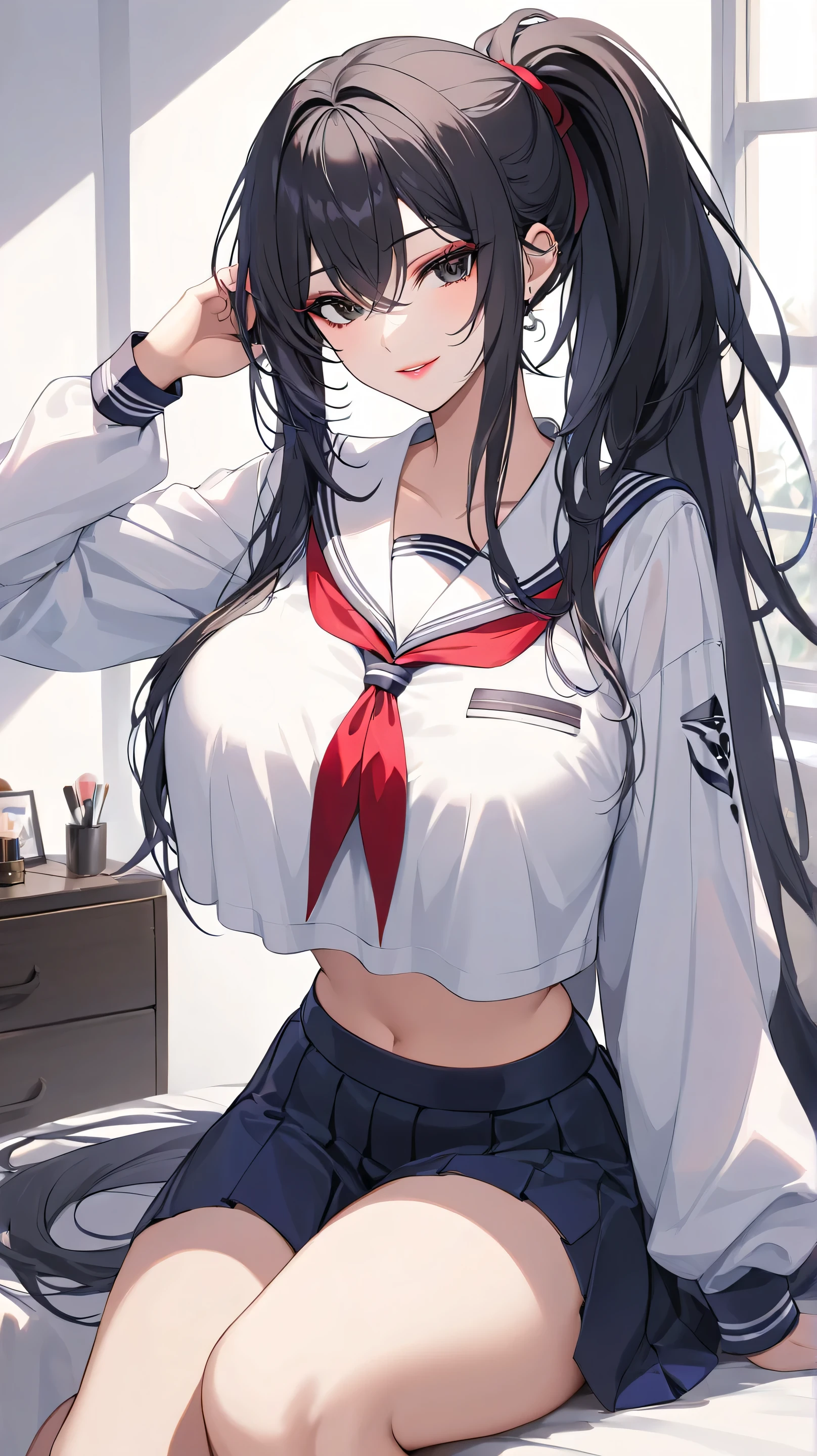 eyes shining, natural light, cinematic light, realistic body, detailed body, detailed eyes, realistic face, masterpiece, not wearing clothes, naked, vagina, pussy, masterpiece, not wearing clothes, naked, vagina, pussy, medium boobs, high quality, 8k, best quality,(masterpiece、top-quality:1.2), cowboy shot, 独奏, 1girl in, shirase sakuya, Look at viewers, High Ponytail, shiny oily skin with high contrast,, huge long breasts, Big breasts emphasis、独奏、 ((serafuku)、(red neckerchief)、(pleatedskirt)、),,,(Skirt lift:1.3), (white panties:1.3)、(Skirt that rolls up:1.3)、(Fully exposed panties:1.5)、A smile