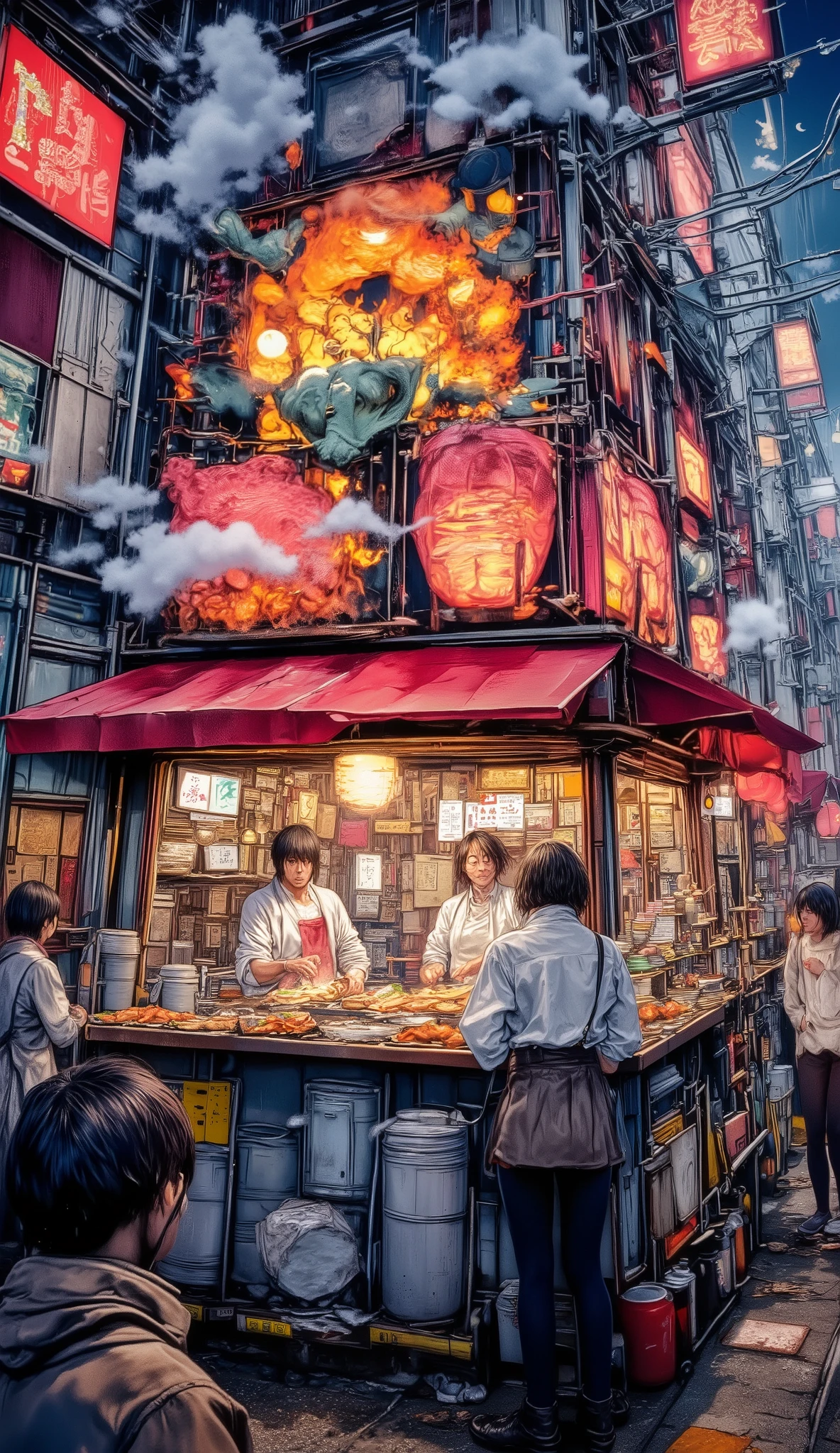 A detailed, high-quality, and imaginative Stable Diffusion prompt for the given topic: japanese street food stall, Manga style:1.4, detailed food stall exterior, crowds of people, vibrant colors, neon signs, lanterns, steam rising, delicious looking food, intricate details, photorealistic, 8k, highly detailed, masterpiece