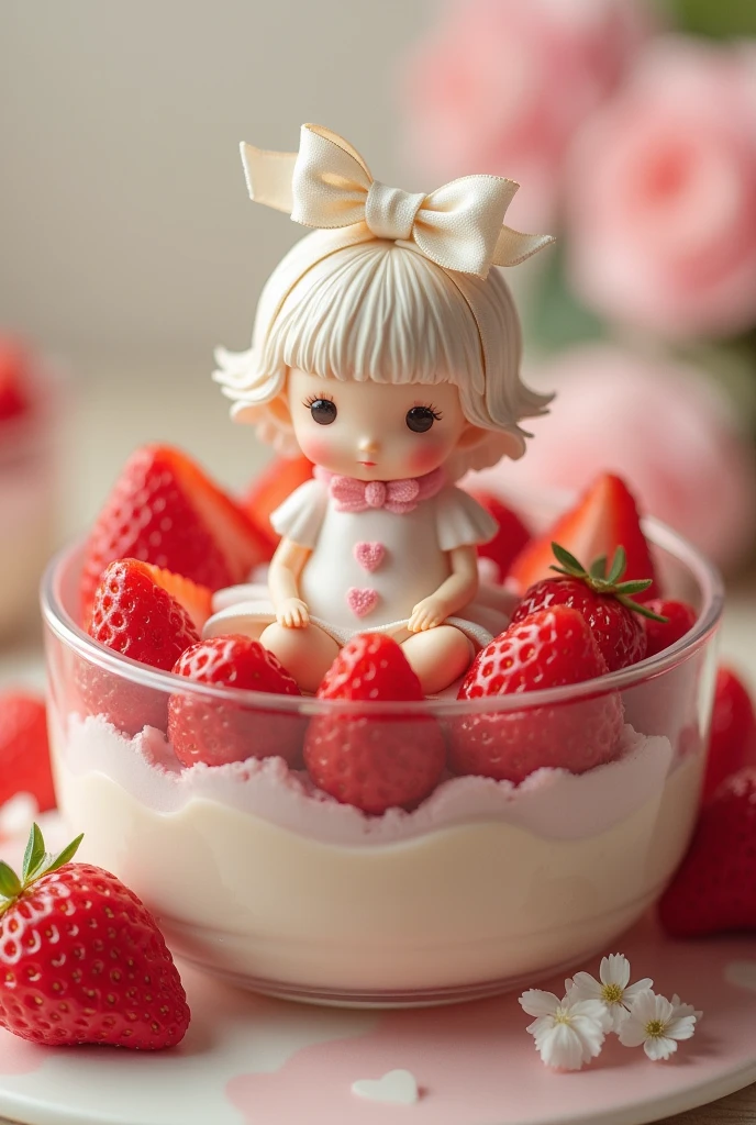  cute girl with ribbon knot sitting in a cute strawberry parfait、かわいいいちごパフェに座る、 Pearl White Miniature 、 thick paint 、 clean natural 、core、 homemade scent 、Sweet flavor 、more、 nostalgic mood 、 dull and nice 、Traditional Flower Art 