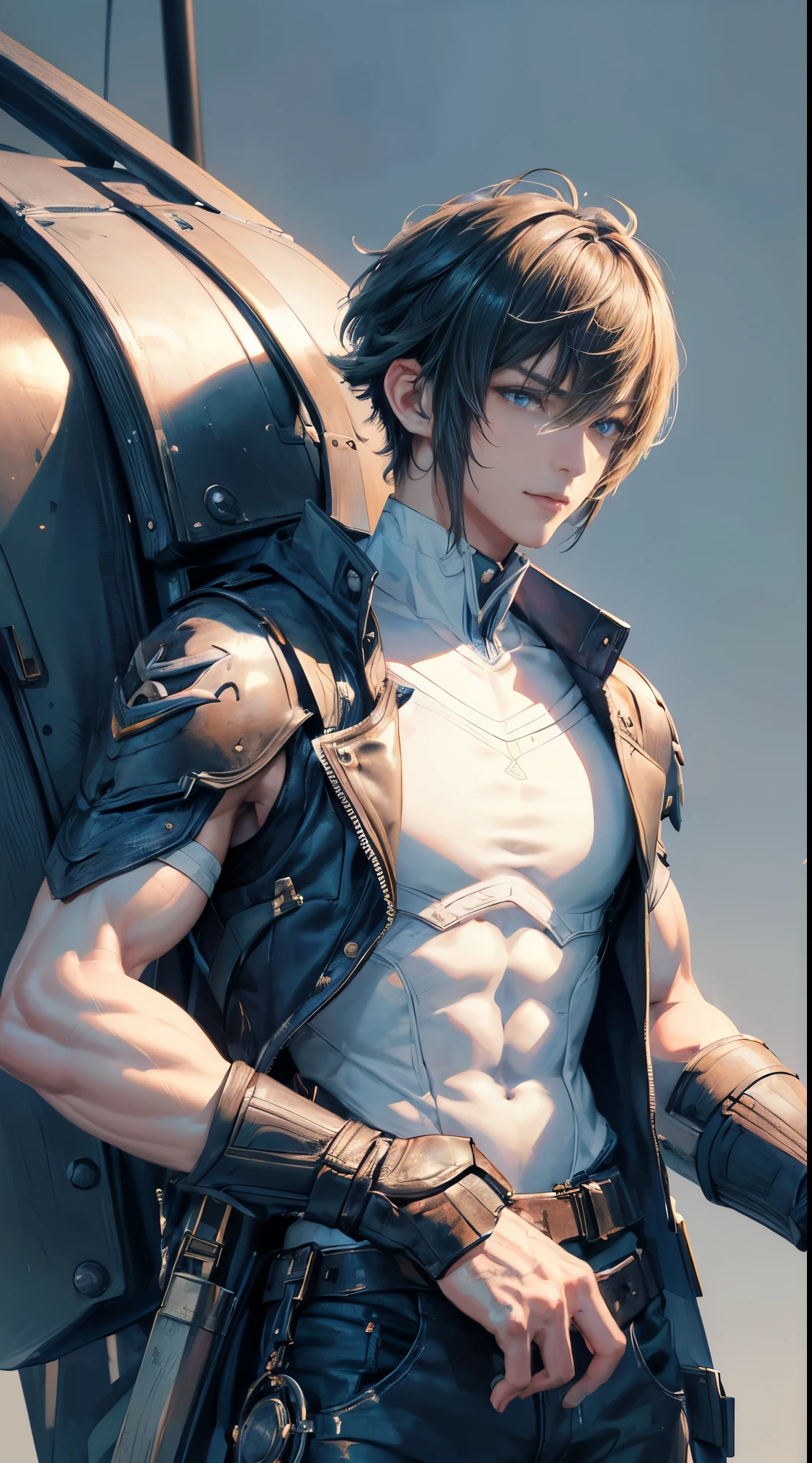 Father who is human a Warrior with a Big axe . The father has black hair and Brown Eyes, he is 32 years old with a few battle scars. Draw him in an upper body pose showing off his bicep, no facial hair, wearing adventurer leather armor with a white background.