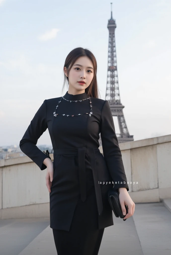 A beautiful Korean, slightly fat.long rasta pony tail. black clothes  standing stylishly expressive on paris,eiffel tower looks big.morning, natural, cool atmosphere. 