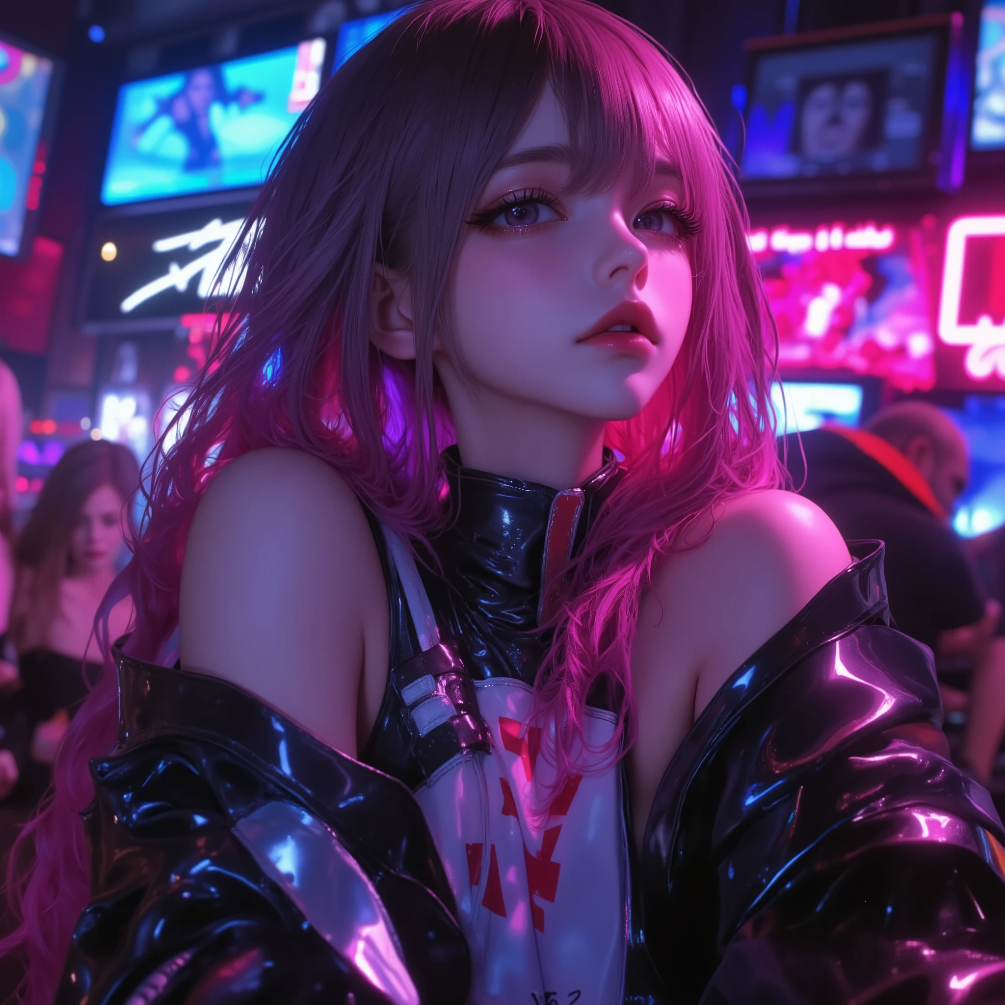 (masterpiece, best quality, high quality, highres, ultra-detailed), cyber sttyle girl, 1girl, solo, in nightclub ,bar, bare shoulders, mecha, cyberpunk, BREAK, rainbow hair,(long hair)
