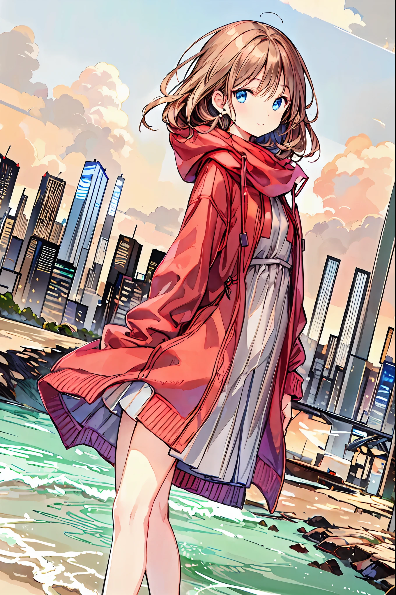 Winter clothes、Red coat、Bare legs、( top quality ,Masterpiece:1.3, Ultra-Fine ),( very detailed, caustics ,8k),( realistic :1.4,RAW shooting),18 years old, Japanese , cute, Looking at the camera and smiling ,( faces :1.2),( face close-up :1.2),(Low position:1.3),( low angle:1.4), brown hair, Shortcut , slender beauty , messy hair,Cityscape, brown hair, Shortcut , tousled hair , short braided hair,Neat, slender and beautiful woman with C cup breasts ,Correct posture, small breasts, Beautiful Legs, Enchanting gray-blue eyes shine like stars ,Droopy eyes, bright color , beautiful eyes,A delicate smile, Textured Skin, BEST QUALITY BEST , A humorous parody of a gentle and beautiful woman writing directly from the bottom of the depth of the dress border , anime style、