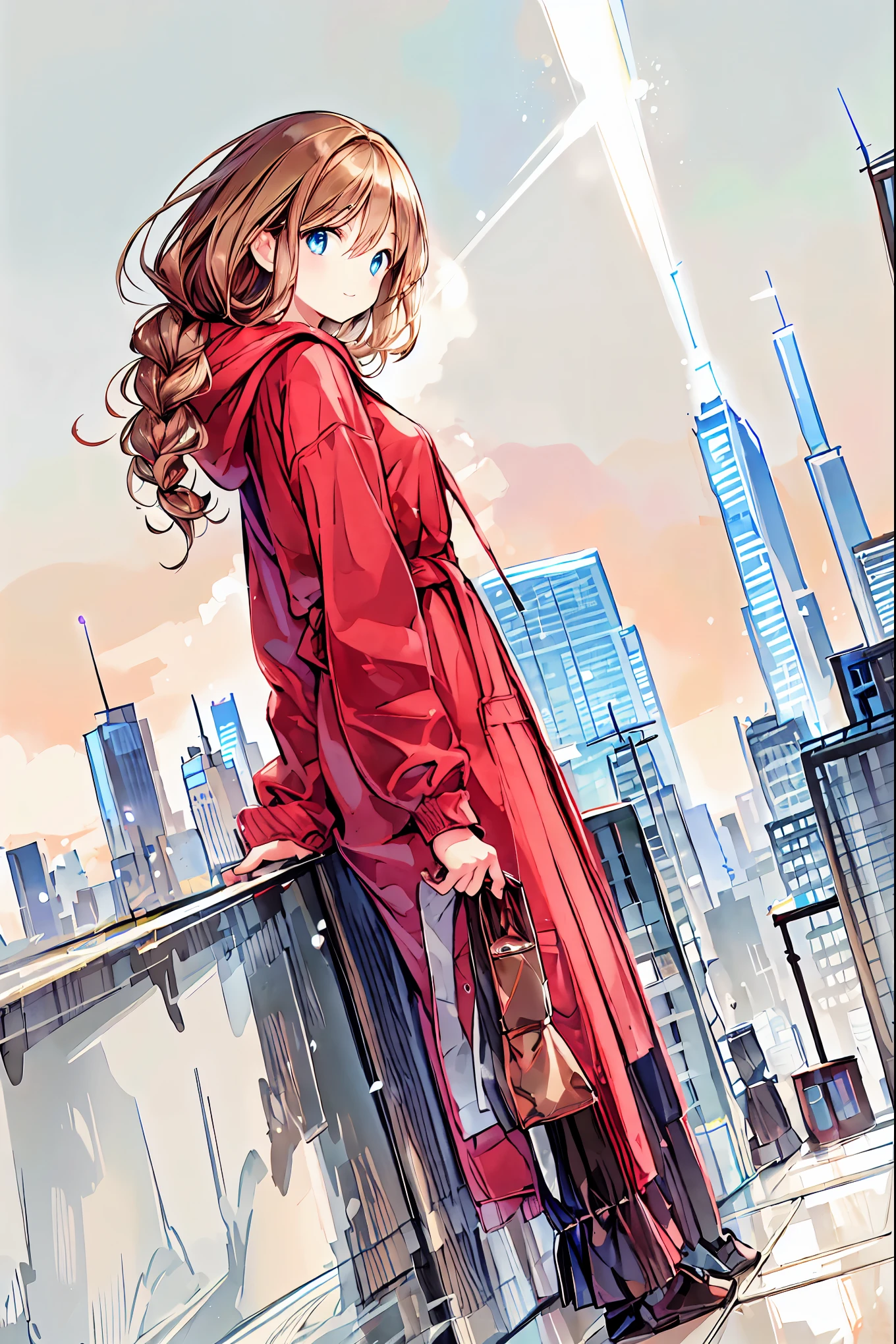 Winter clothes、Red coat、Bare legs、( top quality ,Masterpiece:1.3, Ultra-Fine ),( very detailed, caustics ,8k),( realistic :1.4,RAW shooting),18 years old, Japanese , cute, Looking at the camera and smiling ,( faces :1.2),( face close-up :1.2),(Low position:1.3),( low angle:1.4), brown hair, Shortcut , slender beauty , messy hair,Cityscape, brown hair, Shortcut , tousled hair , short braided hair,Neat, slender and beautiful woman with C cup breasts ,Correct posture, small breasts, Beautiful Legs, Enchanting gray-blue eyes shine like stars ,Droopy eyes, bright color , beautiful eyes,A delicate smile, Textured Skin, BEST QUALITY BEST , A humorous parody of a gentle and beautiful woman writing directly from the bottom of the depth of the dress border , anime style、