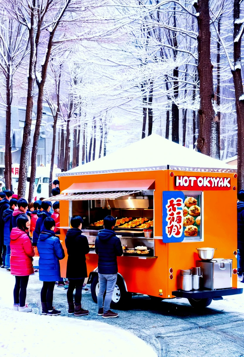 Food truck lining up in front of a new year event, snowy road, hungry peoples lining up to buy the hot takoyaki Or okonomiyaki. 