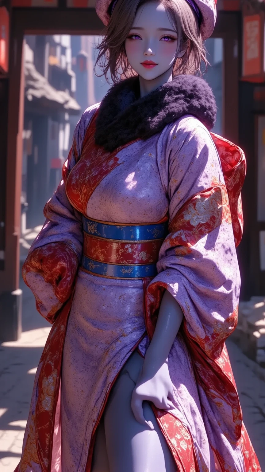  1 mature beautiful dark elf woman,(masterpiece:1.3, top quality:1.3, very detailed depiction:1.3, Incredibly High Resolution :1.3,High quality anime drawings),(Japanese bright colored kimono ,Beret:2.0, Fur Scarf , boots),( brown skin:2.0, purple eyes, half-closed eye ,Glossy lipstick, for a slender figure,Beautiful legs,Beautiful thighs,High quality skin),( bewitching smile,Seductive gestures), full body image ,Dim atmosphere,Illuminated by light,first visit of the year to a shrine,background:Shrine torii gate:2.0