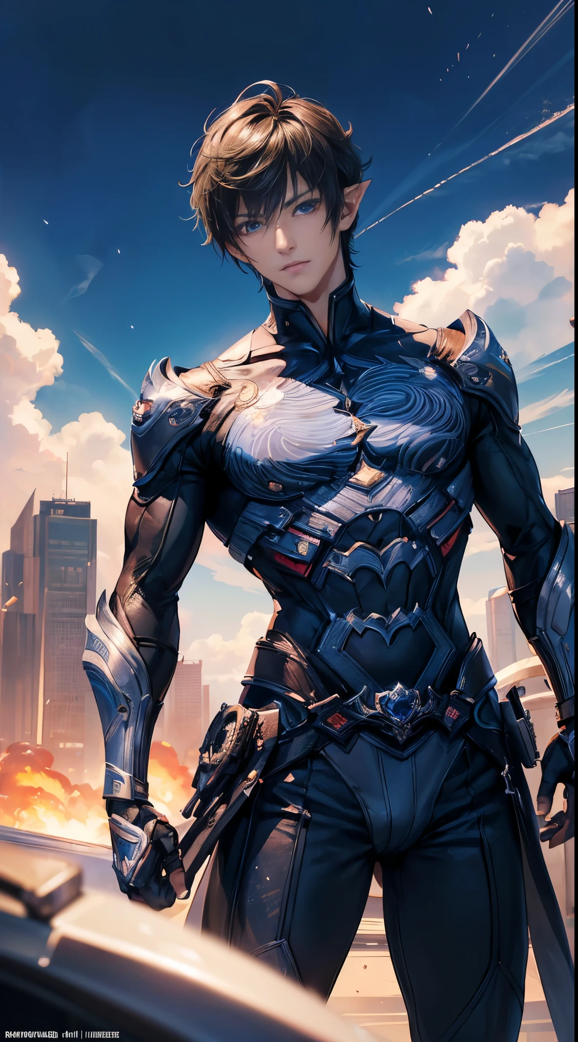 Handsome Japanese male models 22 years old smile Black Hair Short cut Short bangs looking at the camera 光沢のあるwhole bodyシルバースーツ Shiny silver latex suit Mega Bulge looking at the camera Future World Dynamic Pose Taunt whole body Background sunset