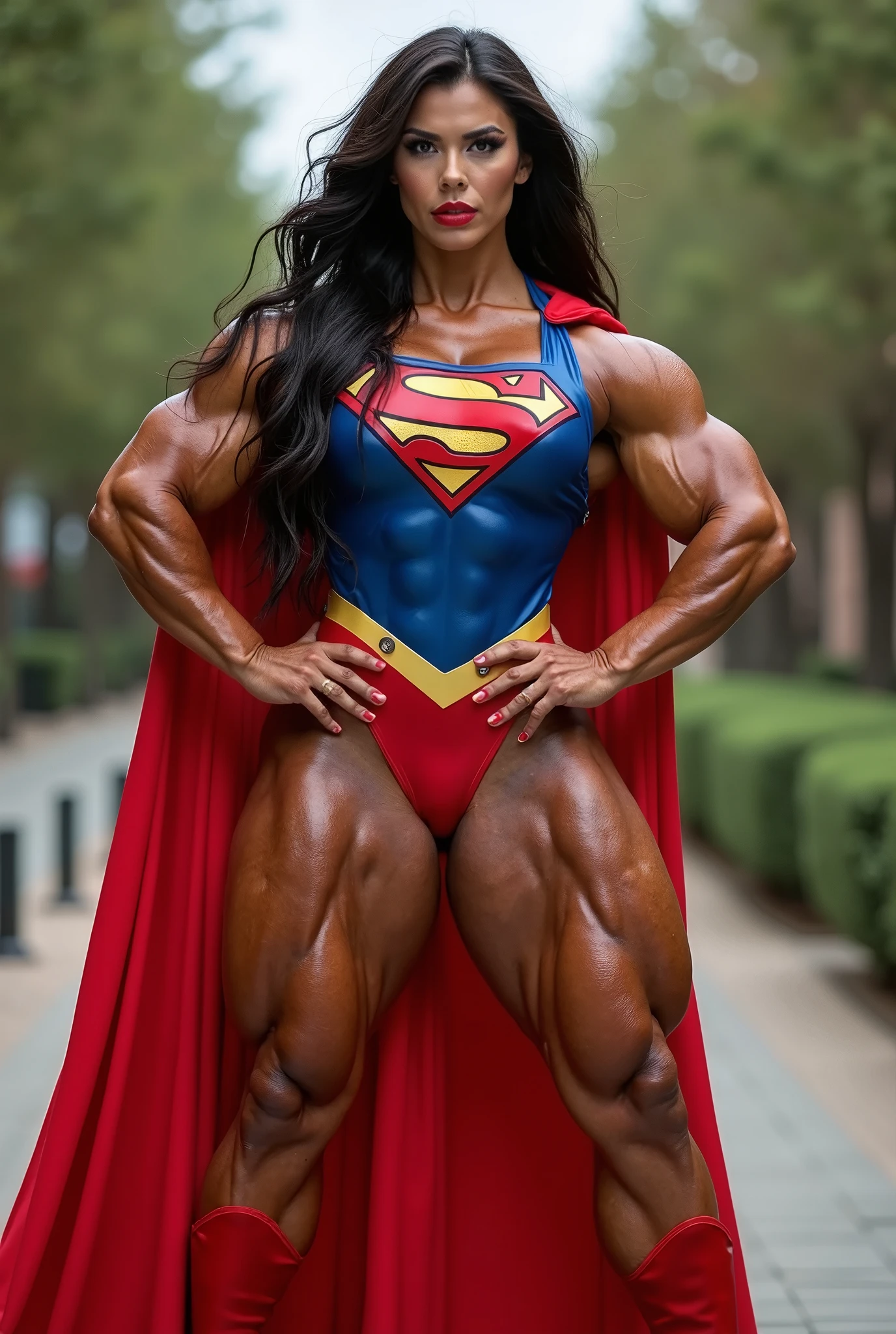 60 year old, light skinned black woman, bodybuilder, superman outfit, red and blue, red cape, high heels, knee high boots, (((full body shots)))