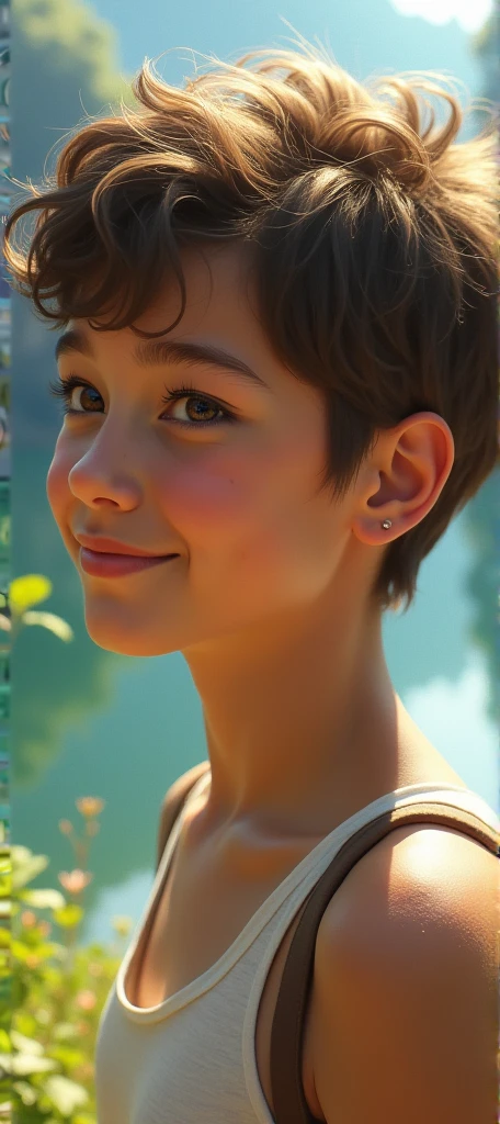 8k, high detailed picture, high quality picture, realistic style, masterpiece, (short brown hair:1.4), disheveled hair, (perfect light brown eyes:1.4), big brightness eyes, dancing, happy face, smiling, perfect accurate white teeth, very young girl, alisa, (show breast:1.3), loose blue minidress, sexy dress, transparent dress, see-through dress, perfect small breasts, cinematic light, UHD picture, hold hand on the back, outdoors, parororo
