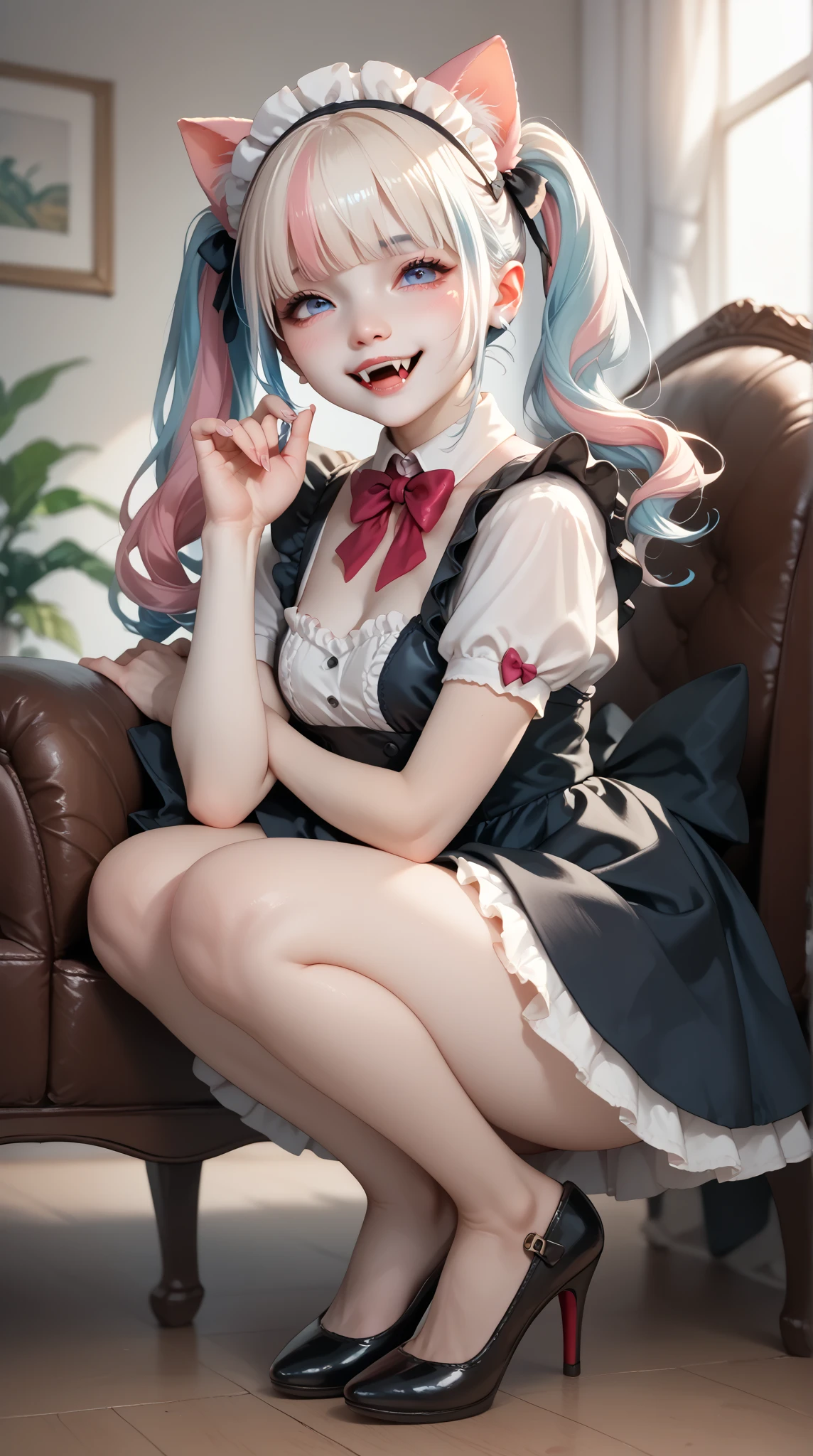 Cute shy teen maid in high heels, high definition , realism, Twin tails,  multicolored hair, cat ears, fangs, yandere,  pale skin.