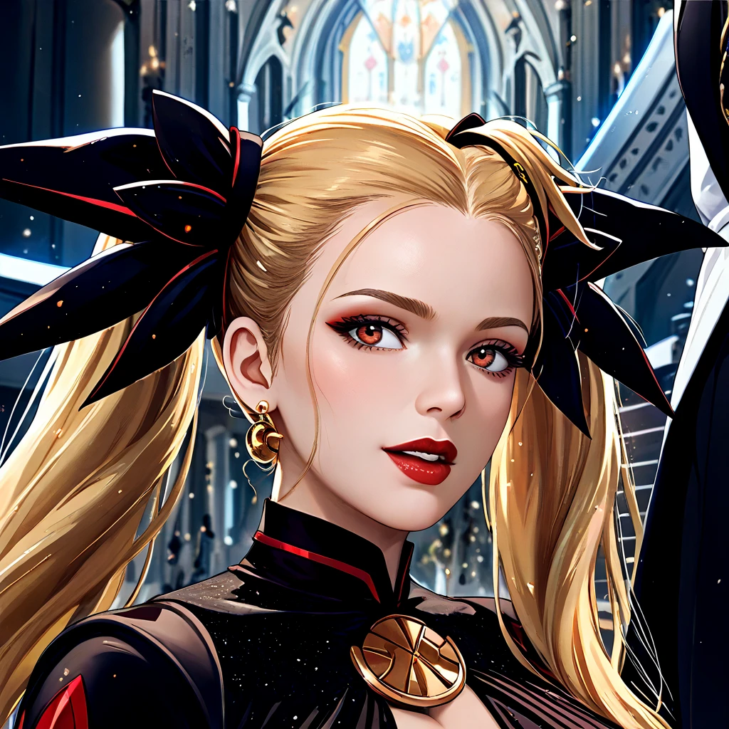 (( top quality)), ((masterpiece)), ( Details), （ Perfect Face）、Fate Testarossa, a young and beautiful blonde, is made to wear Princess Leia's dress, dressed up with gorgeous accessories, and made to look like a dark empress, the wife of the elegant Sith, and has seeded sex with a black African man