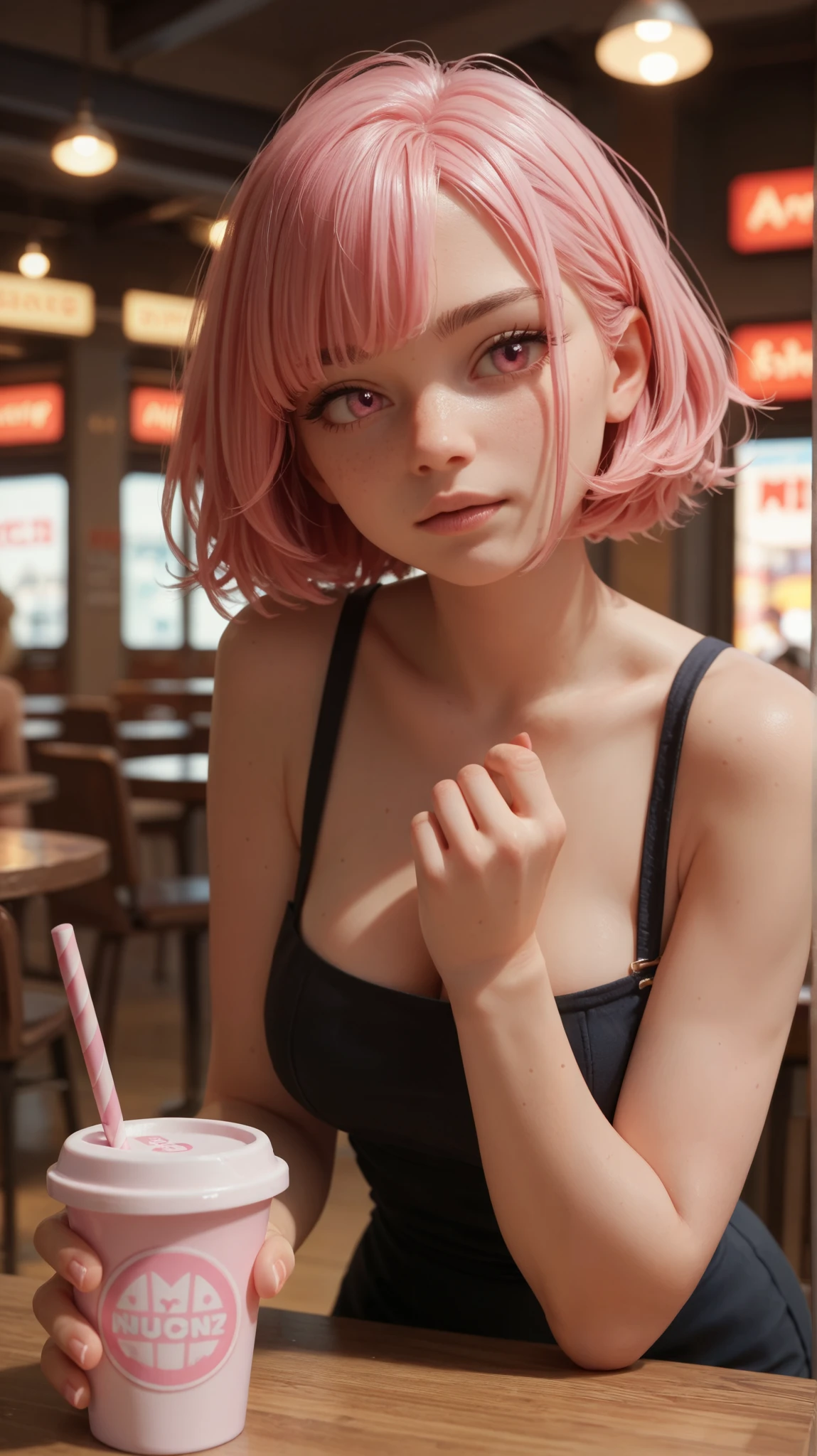 female, cute, short pink hair, pink eyes, 32D cup breasts, pleased, at a restaurant