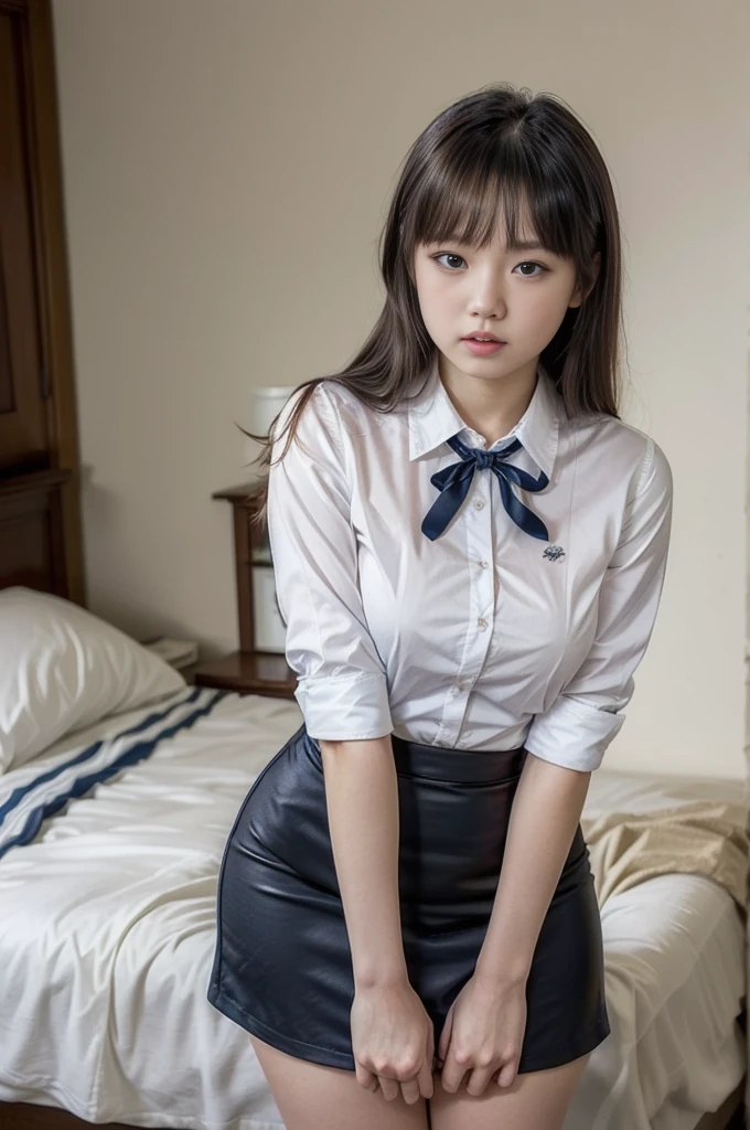 (best quality, masterpiece, 16k, ultra detailed, beautiful skin, professional lighting) A girl,、｛(office lady uniform,dress shirt,ribbon,dark blue pencil skirt ,white stockings,cowboy shot)}、( big bedroom,15-years-old,),(((looking for me))),(((from front,前から)))