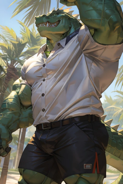 (Best Quality,4k,8k,High resolution,masterpiece:1.2),ultra detailed,realist:1.37,Huge hairy and muscular crocodile in white shirt,shorts blancos,green crocodile skin,button down shirt,Collared shirt,shorts with pockets,fierce expression,intense eyes,sharp teeth,long tail,flaky texture,lush green garden background,robust posture,Strong arms,bulging muscles,bright colors,sharp focus,natural lighting,physically based rendering,bokeh,portrait,creature,animal,artistic style sexy and domineering attitude (penis) (large erect male member) (male genital erection)