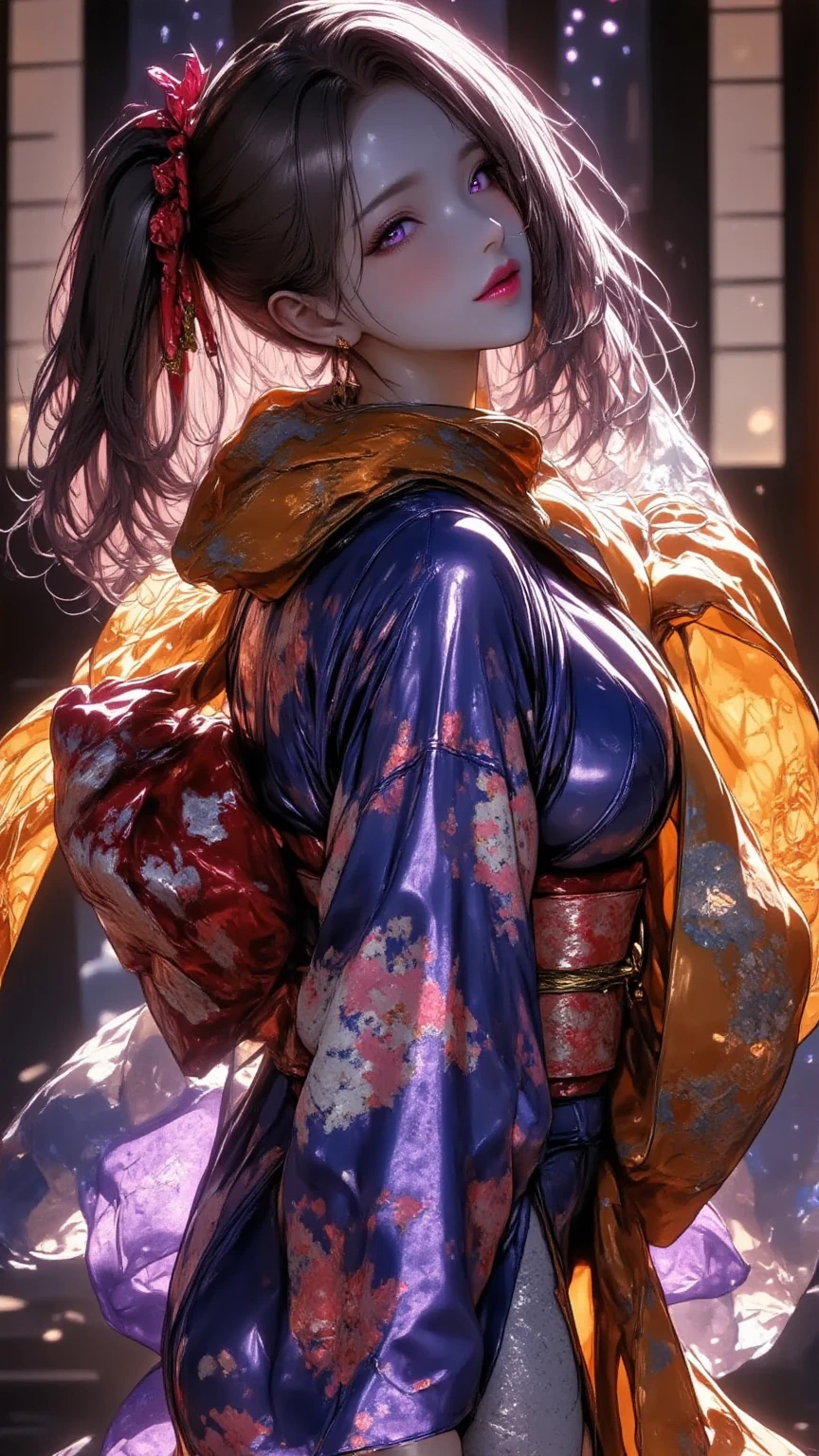  1 mature beautiful dark elf woman,(masterpiece:1.3, top quality:1.3, very detailed depiction:1.3, Incredibly High Resolution :1.3,High quality anime drawings),(Japanese bright colored kimono ,Beret:2.0, Fur Scarf , boots),( brown skin:2.0, purple eyes, half-closed eye ,Glossy lipstick, for a slender figure,Beautiful legs,Beautiful thighs,High quality skin),( bewitching smile,Seductive gestures), full body image ,Dim atmosphere,Illuminated by light,first visit of the year to a shrine,background:Shrine torii gate:2.0