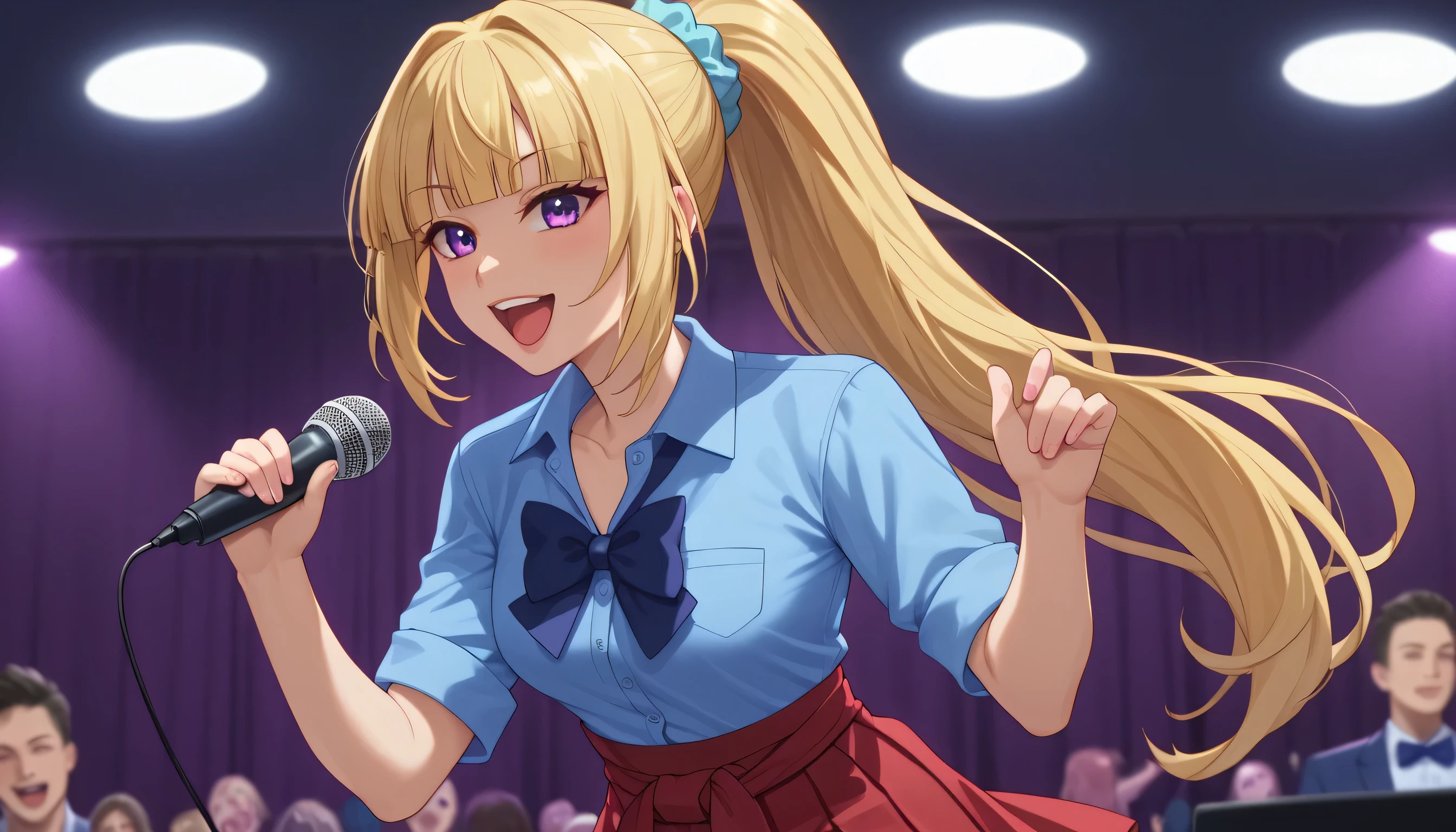 score_9,score_8_up,score_7_up, solo, 1girl, KeiKaruizawa, Kei Karuizawa, bangs, blunt bangs, ponytail, detailed eyes, violet eyes, blonde hair, blue scrunchie, blue shirt, collared shirt,bowtie, clothes around waist, pleated skirt, red skirt,, long shot, singing, sing, karaoke, mic, holding mic, in room, cowboyshot