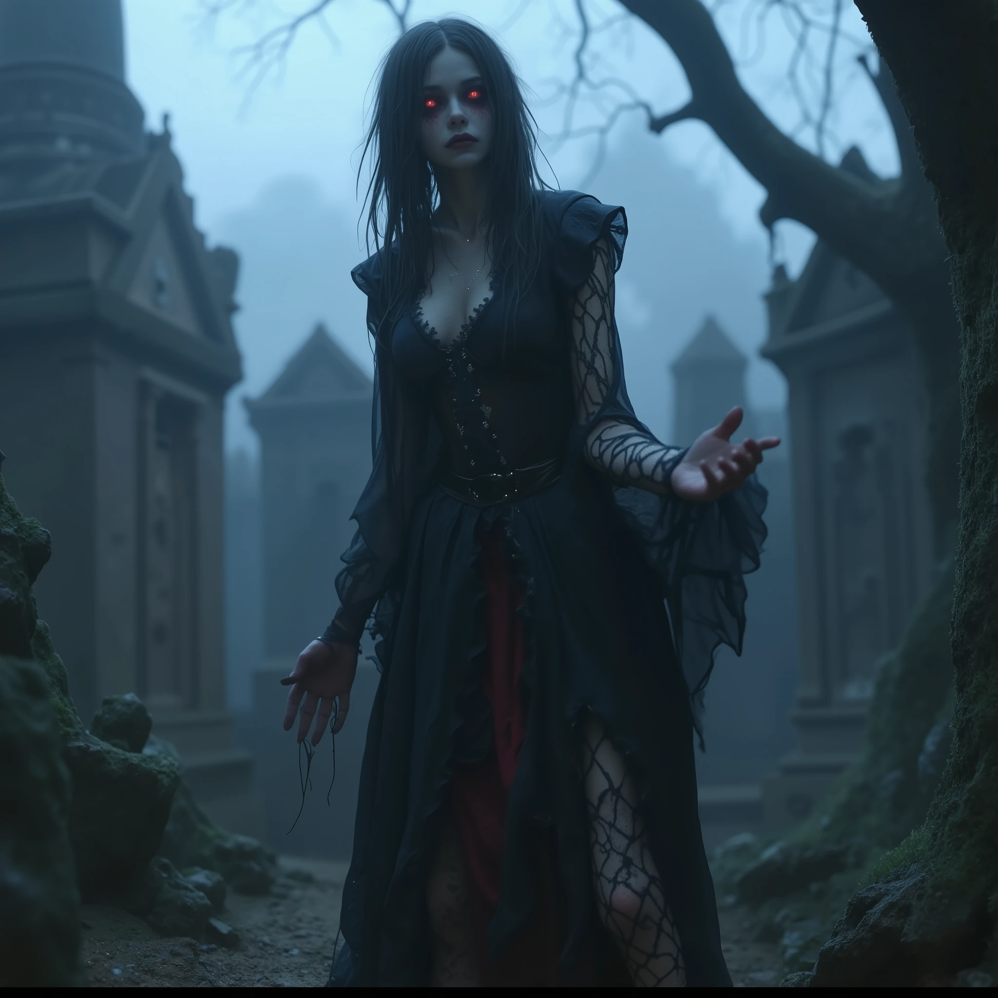 "Craft a bone-chilling masterpiece set in a 1600s graveyard on a cold, foggy night. Amidst the crumbling tombstones and eerie silence, introduce a malevolent and emaciated humanoid figure, her unnaturally thin frame shrouded in a tattered black dress from the era. Her messy, long, straight dark hair hangs like a curtain of dread, partially obscuring her blood-red eyes, which emit an evil, otherworldly glow.
As she hovers above the ground, a sense of terror and dread permeates the air, and the atmosphere is thick with decay and disgust. Describe the fear that washes over anyone who dares to lay eyes upon her twisted, sickly form. Evoking shock value and pure horror, paint a vivid portrait of her menacing presence, leaving readers with a lingering sense of unease. This is a scene designed to haunt their nightmares."
