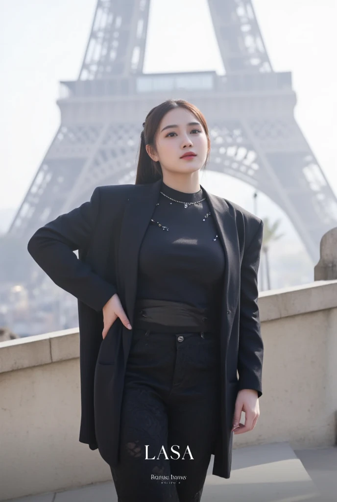 A beautiful Korean, slightly fat.long rasta pony tail. black clothes  standing stylishly expressive on paris,eiffel tower looks big.morning, natural, cool atmosphere. 