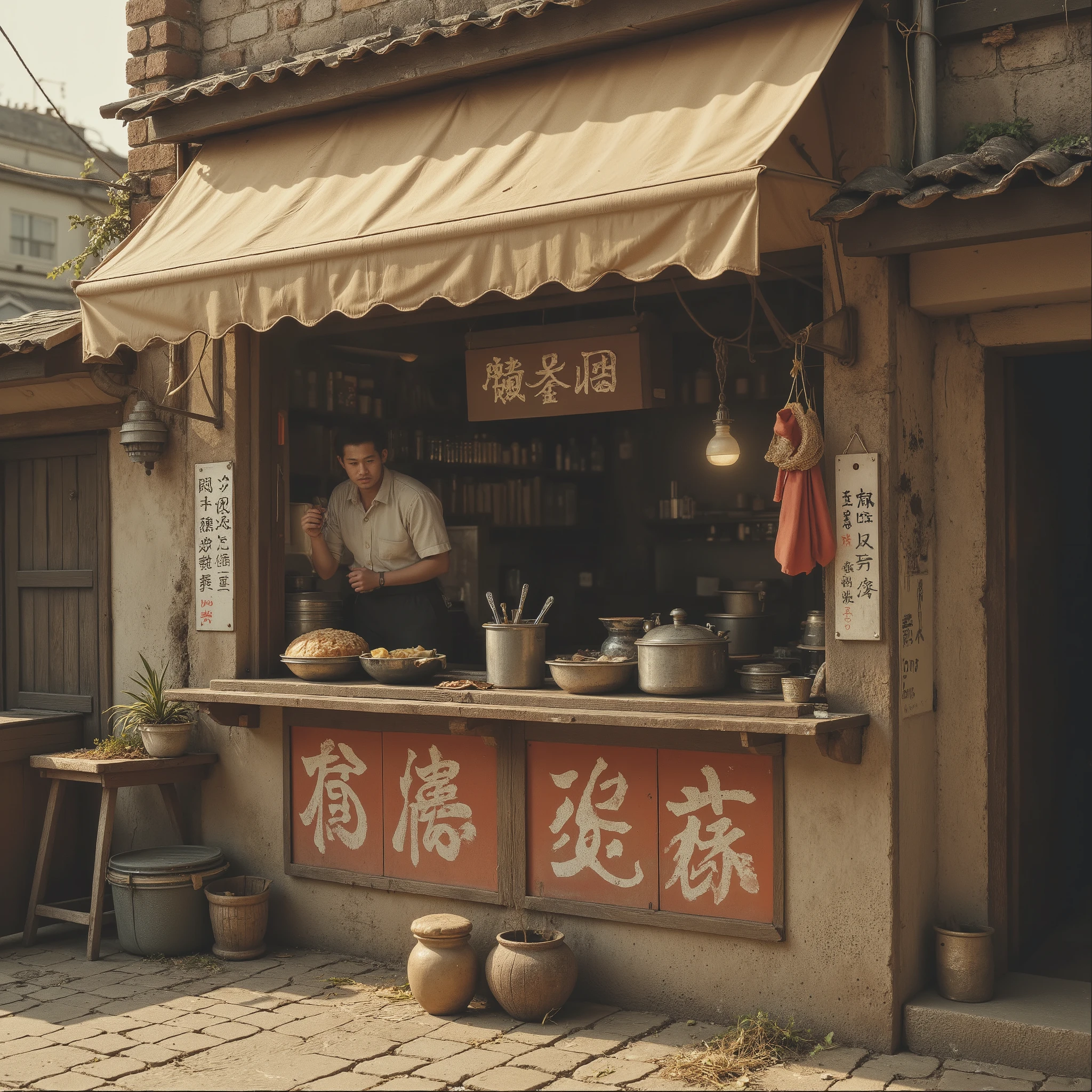 A postwar food stall village in sepia color, ultra detailed, absolutely resolution, masterpiece