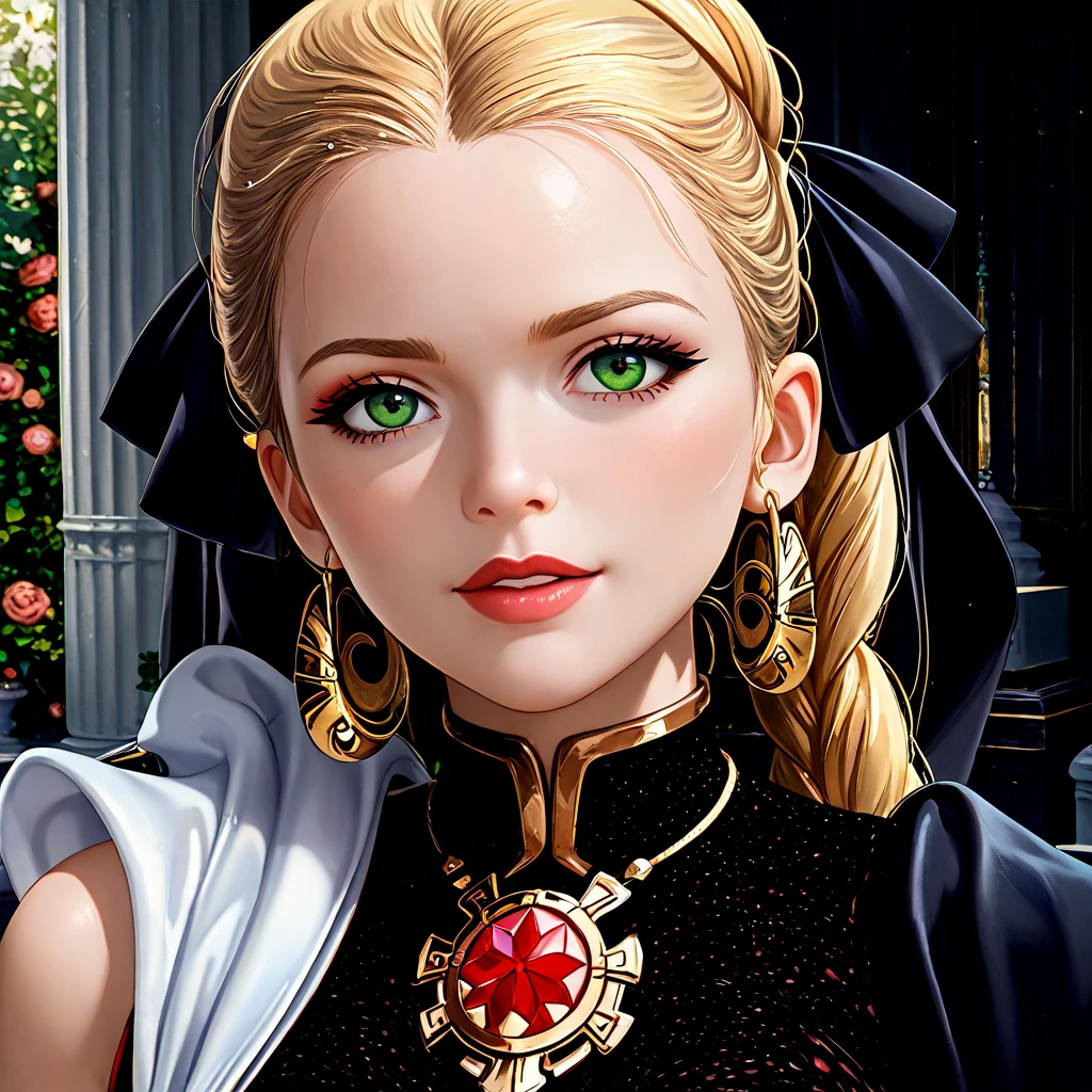 (( top quality)), ((masterpiece)), ( Details), （ Perfect Face）、Fate Testarossa, a young and beautiful blonde, is made to wear Princess Leia's dress, dressed up with luxurious accessories, and is made to look like a beautiful dark empress who is the beloved wife of the Sith full of elegance