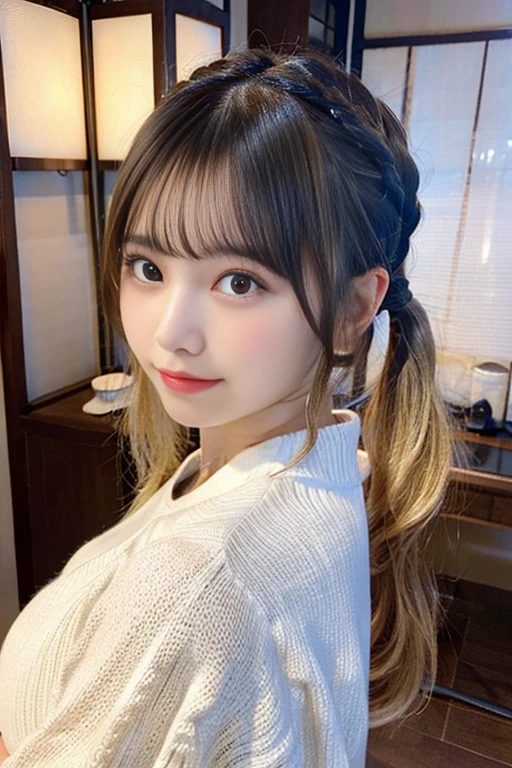 masutepiece, Best quality, 8K, Mirror on desk, RAW photo, Professional photography, twintails, Soft light, Professional lighting, Smile, Close up, face, Close up, Cute, Girly, Goddess, Delicate girl, Neat and clean beauty, Upper body, Digital SLR, Sophisticated, filmgrain,