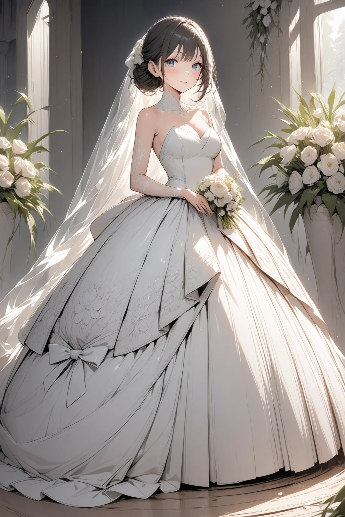 (masterpiece:1.2, highest quality), (Realistic, photoRealistic:1.4),1 female、((White Veil))、((Hairstyle: Half twin tails))、(Hair color orange)、((Black wedding dress))、((Orange rose decoration))、((upright))、((front))、((Full body painting))、((Background Single Color))