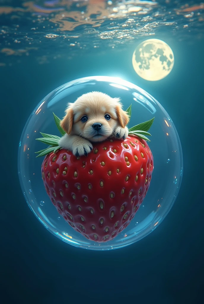  in the sea　A cute puppy hugged by a strawberry in a soap bubble　moon