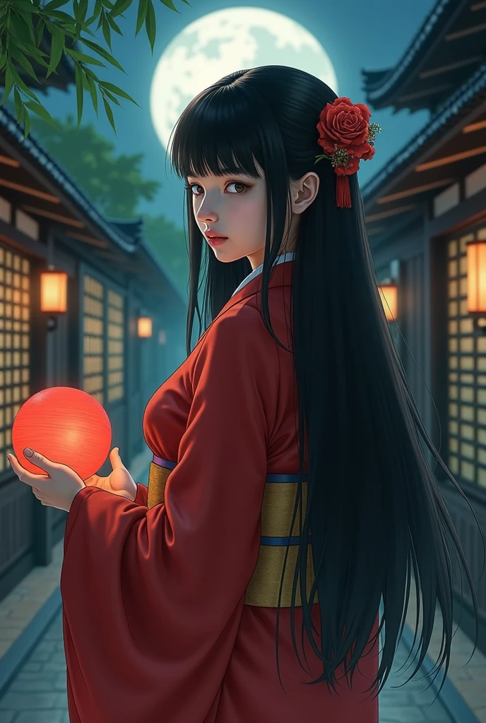 A woman with straight black hair in a red kimono is looking back while holding a ball.。 The background is a corridor of a Japanese mansion at night.、There are bamboo and bamboo lanterns 。  the woman has a slightly soft smile 。  the overall atmosphere is bewitching 。

The object she is holding is a ball.。It can also be written as 'mari'.。