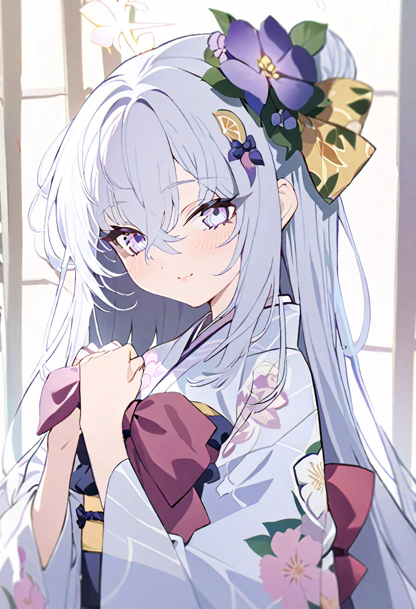  blue_archive azusa_(blue_archive) highres 1girl alternate_costume alternate_hairstyle blue_flower blue_kimono blush floral_print flower from_side hair_between_eyes hair_bun hair_flower hair_ornament halo japanese_clothes kimono long_hair obi own_hands_together praying purple_eyes purple_flower red_sash sash sidelocks solo white_flower white_hair wide_sleeves smile masterpiece, best quality