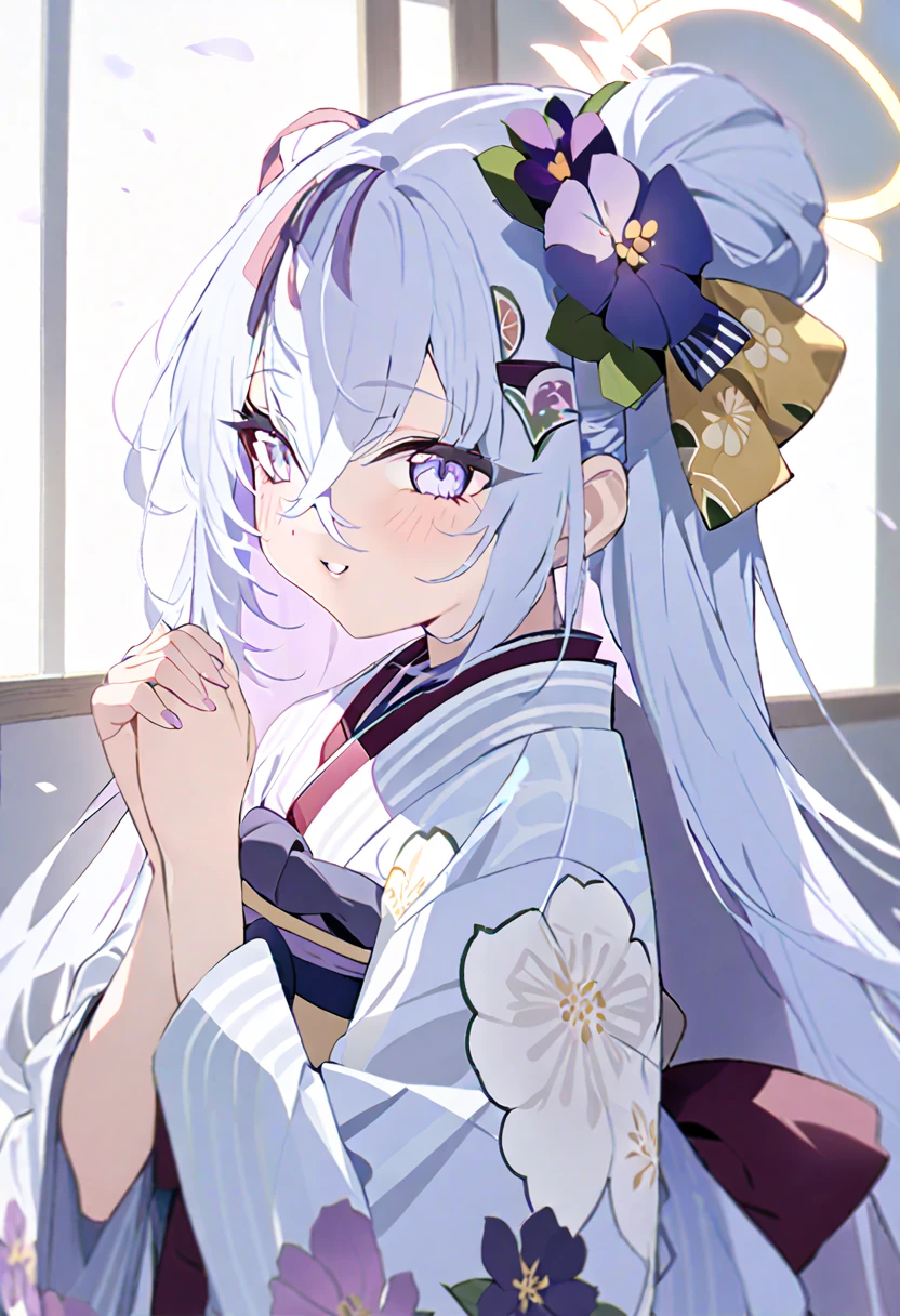  blue_archive azusa_(blue_archive) highres 1girl alternate_costume alternate_hairstyle blue_flower blue_kimono blush floral_print flower from_side hair_between_eyes hair_bun hair_flower hair_ornament halo japanese_clothes kimono long_hair obi own_hands_together praying purple_eyes purple_flower red_sash sash sidelocks solo white_flower white_hair wide_sleeves smile masterpiece, best quality