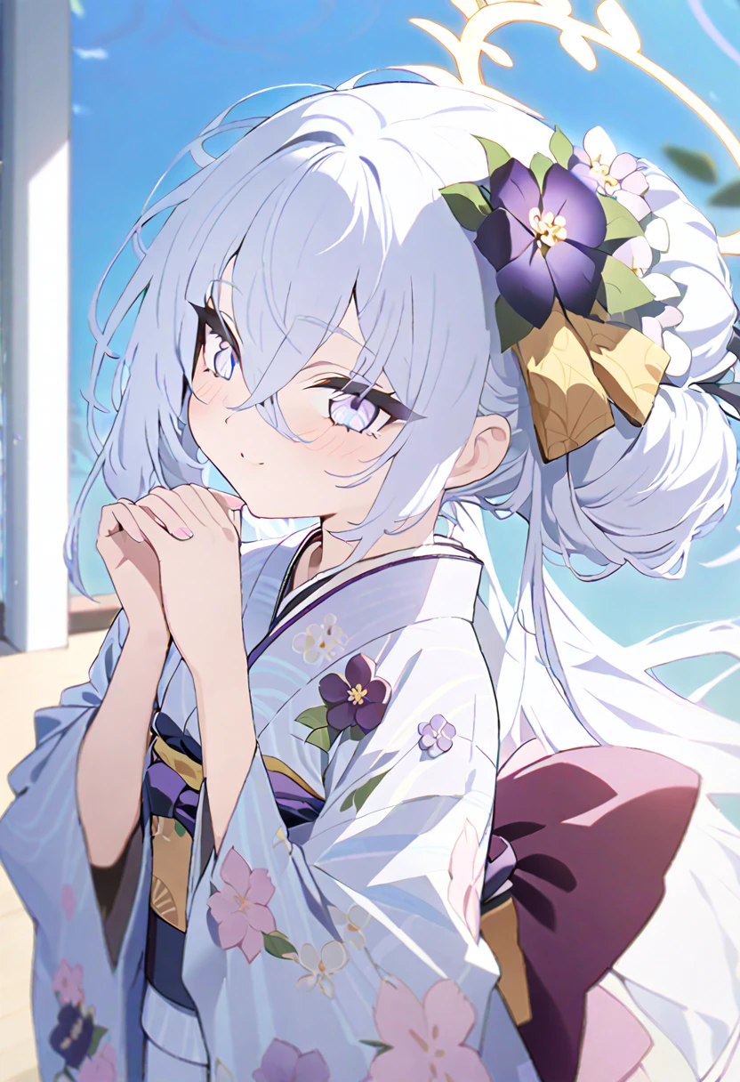  blue_archive azusa_(blue_archive) highres 1girl alternate_costume alternate_hairstyle blue_flower blue_kimono blush floral_print flower from_side hair_between_eyes hair_bun hair_flower hair_ornament halo japanese_clothes kimono long_hair obi own_hands_together praying purple_eyes purple_flower red_sash sash sidelocks solo white_flower white_hair wide_sleeves smile masterpiece, best quality