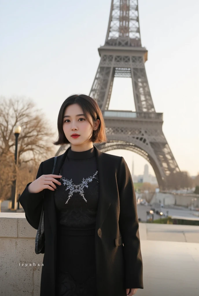 A beautiful Korean, slightly fat.medium leght layered long blackhair, black clothes  standing stylishly expressive on paris,eiffel tower looks big.morning, natural, cool atmosphere. Warm lighting 