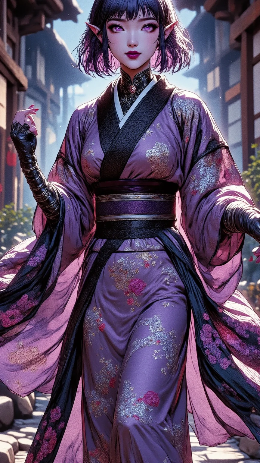  1 mature beautiful dark elf woman,(masterpiece:1.3, top quality:1.3, very detailed depiction:1.3, Incredibly High Resolution :1.3,High quality anime drawings),(Japanese bright colored kimono ,Beret:2.0, Fur Scarf , boots),(Brown Skin:2.0, purple eyes, half-closed eye ,Glossy lipstick, for a slender figure,Beautiful legs,Beautiful thighs,High quality skin),( bewitching smile,Seductive gestures), full body image ,Dim atmosphere,Illuminated by light,first visit of the year to a shrine,background:Shrine torii gate:2.0