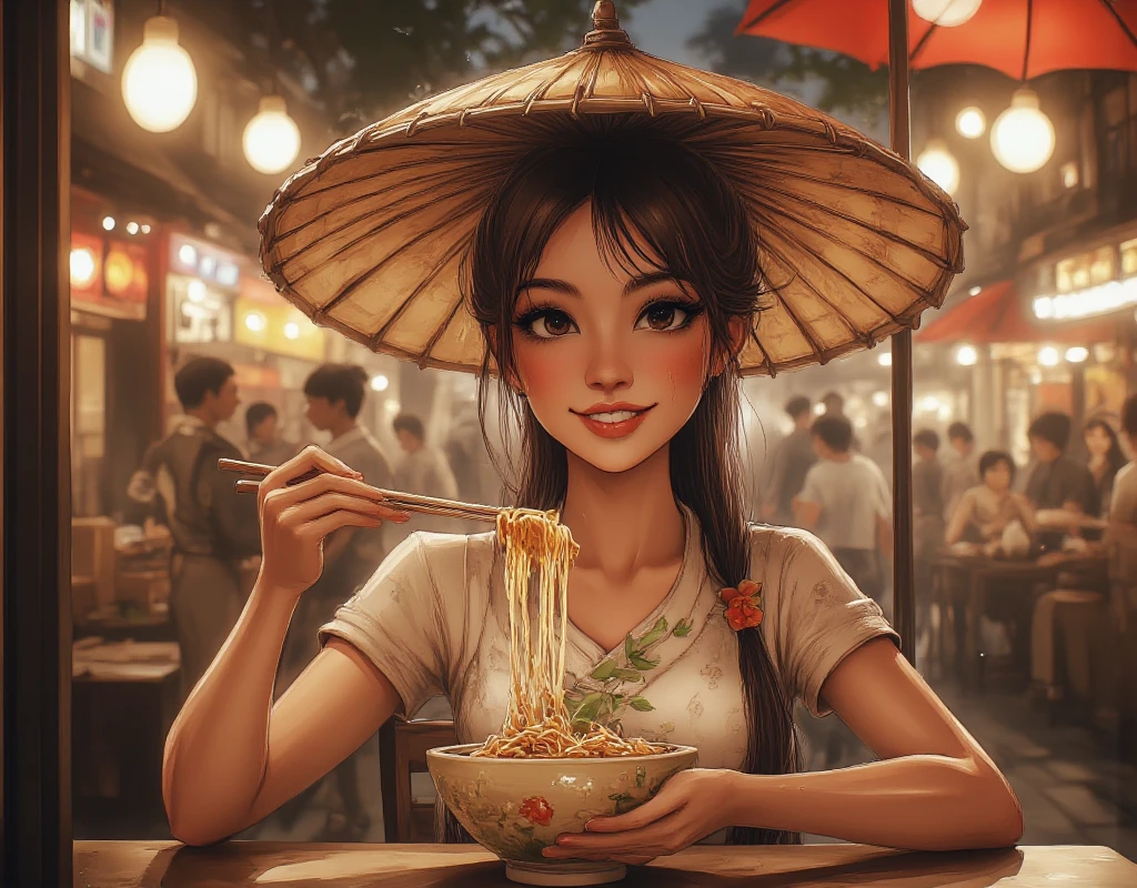 Animation, work of art, 8K quality, sophisticated design, advanced lighting technology, theme is "Street food stalls", early morning street food stalls in Saigon, Vietnam in 1970, Saigon residents eating "Pho" for breakfast, focus on a young beautiful woman wearing an umbrella-like hat and a white Ao Dai sitting at a table in front of the stall, picking up a small amount of noodles with the tips of her chopsticks and bringing the noodles close to her mouth as she eats the pho with relish, there is only one bowl of pho, the woman's smile from the front, the morning sun shining, a bright start to the day, the street has an Asian feel, a telephoto lens blurs everything except the subject.