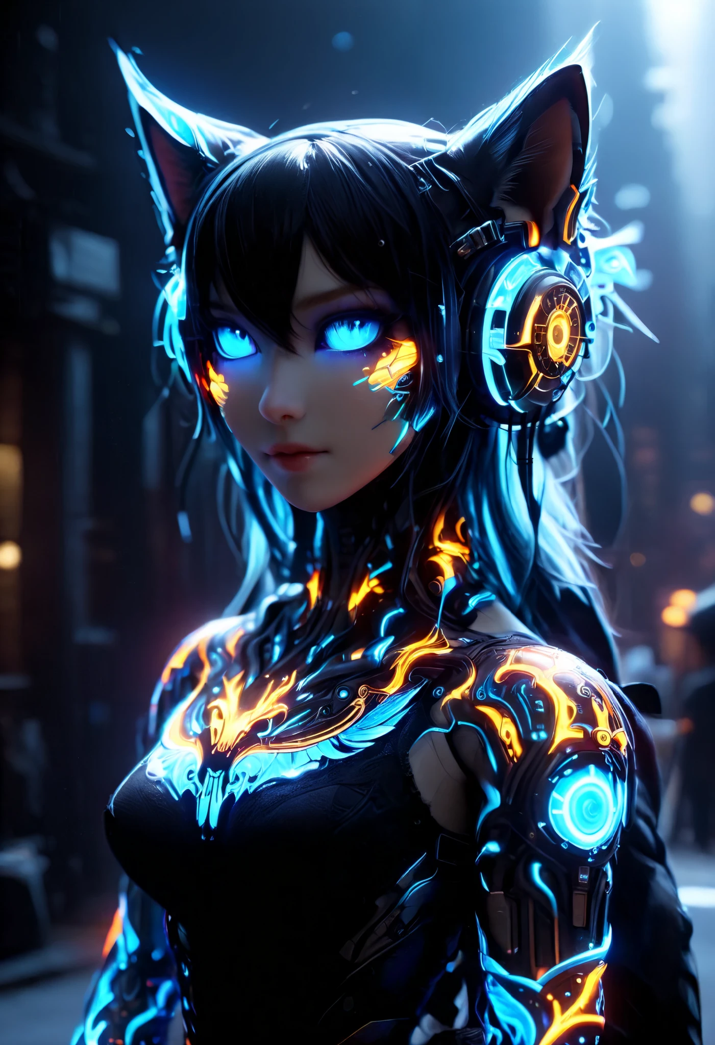 super masterpiece, ((super high quality)), (((Very detailed))), Cat Cyborg, ((Anatomically correct)), robot, Mechanization, Mechanical Blue Funnel, ((Anatomically correct)), Mechanical Wings, up, front, Rainbow colored parts, (delicate), (Black light style eyes), universe, (Dark), big headphone, Future, cute, Cyberpunk costume, the downtown,