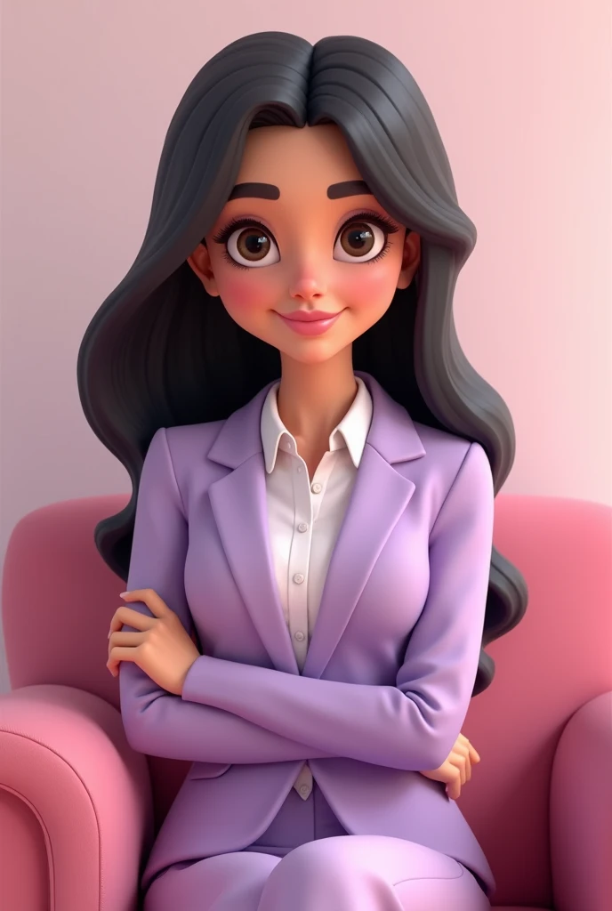 I'm imagining a 3D model of a 38-year-old woman with long black hair, a Disney-style chubby face, brown eyes, and crossed arms. She's wearing a pink dress and works as a councilwoman.