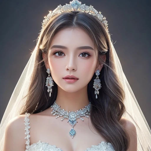 (Masterpiece,  top quality: 1.4),  detailed background, White Crystal,  Crystal Clusters , long hair,  jewelry,  earrings,  necklace,  crown, bride, Gray Hair, halo,