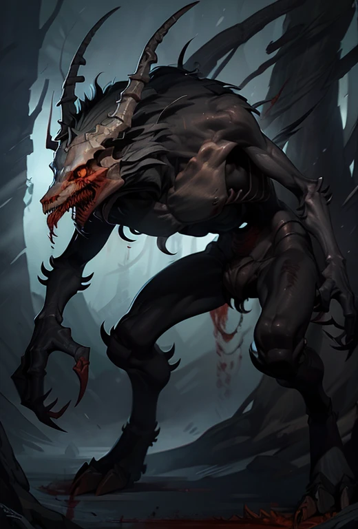 A chthonic fairy with blood-red eyes in cold hell, God of pain, Master of madness, Lord of terror, First to fall, Energy body, lightning, Surrounded by space, slim , Long limbs,  Visible skeleton, sharp teeth, tentacles , Sunken eye sockets, fiery eyes, High quality, Tafah