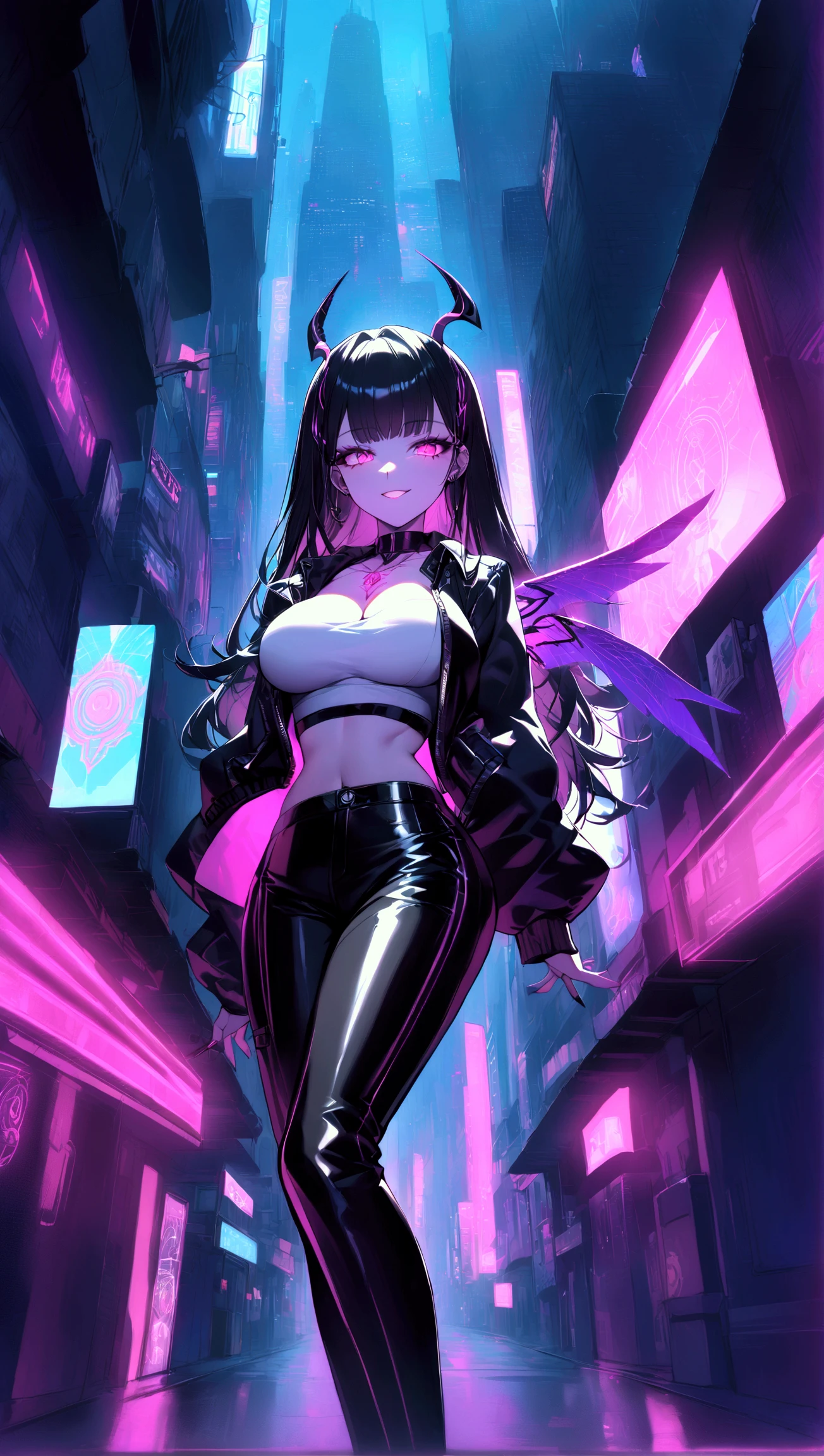 The Urban Temptress
Appearance: A modernized succubus with large breasts, thighs, and a butt, with bright blue tattoos along her arms and legs, sleek black leather pants, and a crop top that reveals her chest marked with a glowing sigil.
Pose: Casually leaning against a neon-lit wall, one wing outstretched and a mischievous grin as she tosses a coin shrouded in dark energy.
Background: A bustling cyberpunk city street with glowing neon signs, holograms, and towering skyscrapers in the distance.