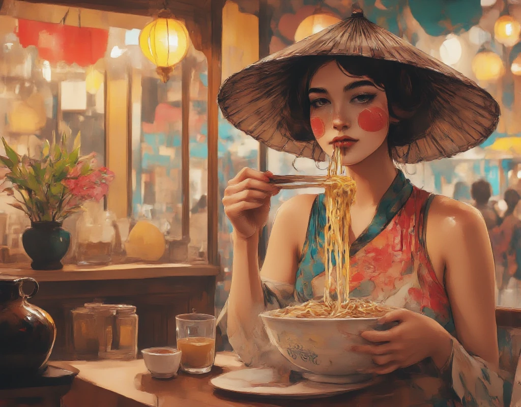 Animation, work of art, 8K quality, sophisticated design, advanced lighting technology, theme is "Street food stalls", early morning street food stalls in Saigon, Vietnam in 1970, Saigon residents eating "Pho" for breakfast, focus on a young beautiful woman wearing an umbrella-like hat and a white Ao Dai sitting at a table in front of the stall, picking up a small amount of noodles with the tips of her chopsticks and bringing the noodles close to her mouth as she eats the pho with relish, there is only one bowl of pho, the woman's smile from the front, the morning sun shining, a bright start to the day, the street has an Asian feel, a telephoto lens blurs everything except the subject.