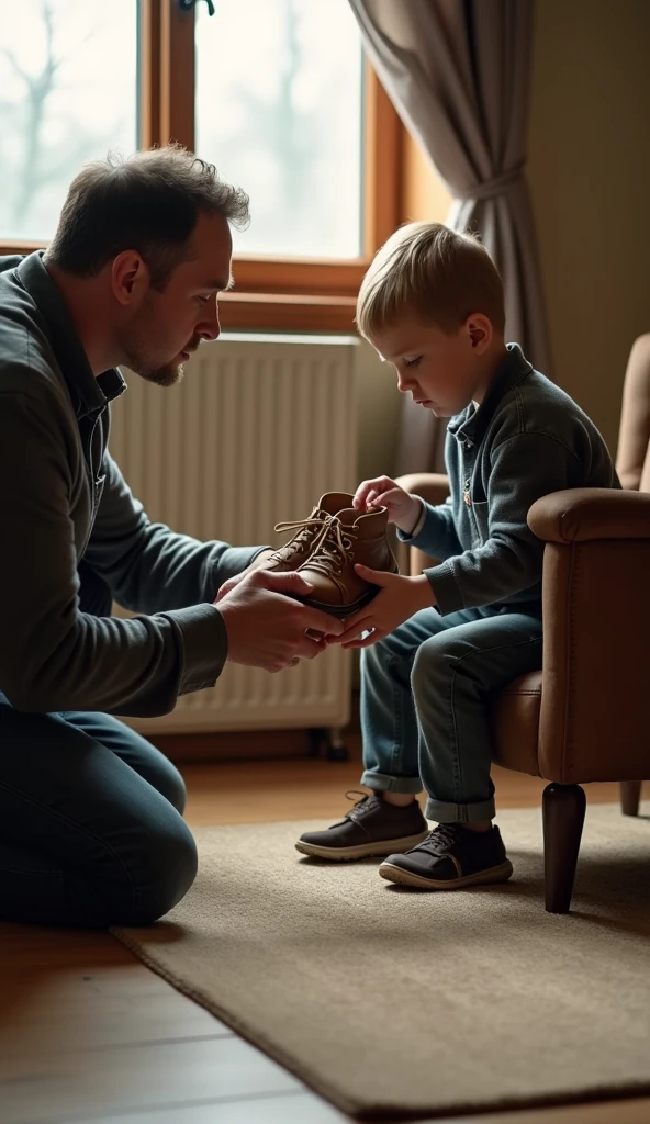 A father's strong hands helping a small child tie shoelaces