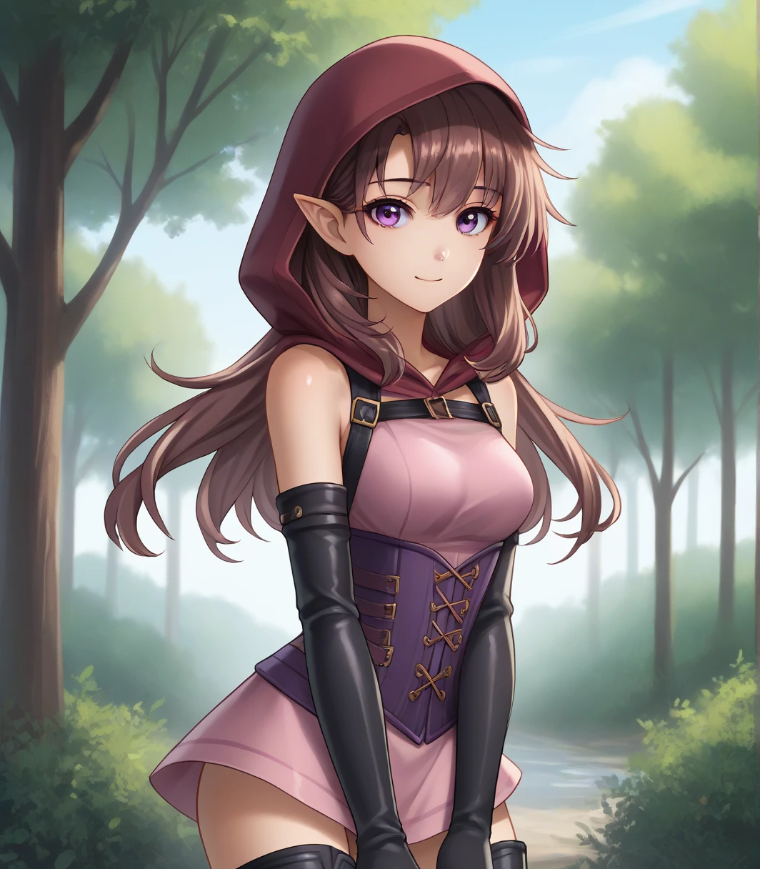 score_9, score_8_up, score_7_up, score_6_up, score_5_up, score_4_up, Source BREAK_anime,
1 girl, Alone, cowboy shot looking at viewer, smiling, outdoors, sky, trees,
racoonsan,,
Or Claussell, reddish brown hair, bobbed hair, violet eyes, elfin ears, medium breasts, hood, purple corset, black arm, pink top, bare shoulders, black gloves, elbow gloves, black boots, thigh high boots,